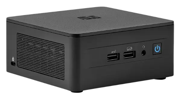 ASUS NUC 13 Pro Barebone Mini PC, featuring USB-A, USB-C, and power button in a compact black design.