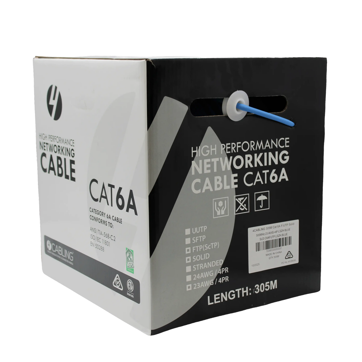 4C | Cat 6A F/UTP LSZH Cable Roll 305m: 23AWGx4P | Supplied on Plastic Reel - BLUE