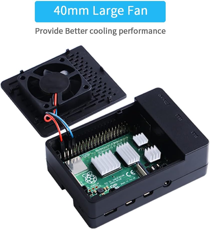 PC Mart Case for Raspberry Pi 4, Fan for Raspberry Pi 4 ABS Case with PWM Cooling Fan 40X40X10mm and 4pcs Heatsink for Raspberry Pi 4 Model B (Black with Large Fan)
