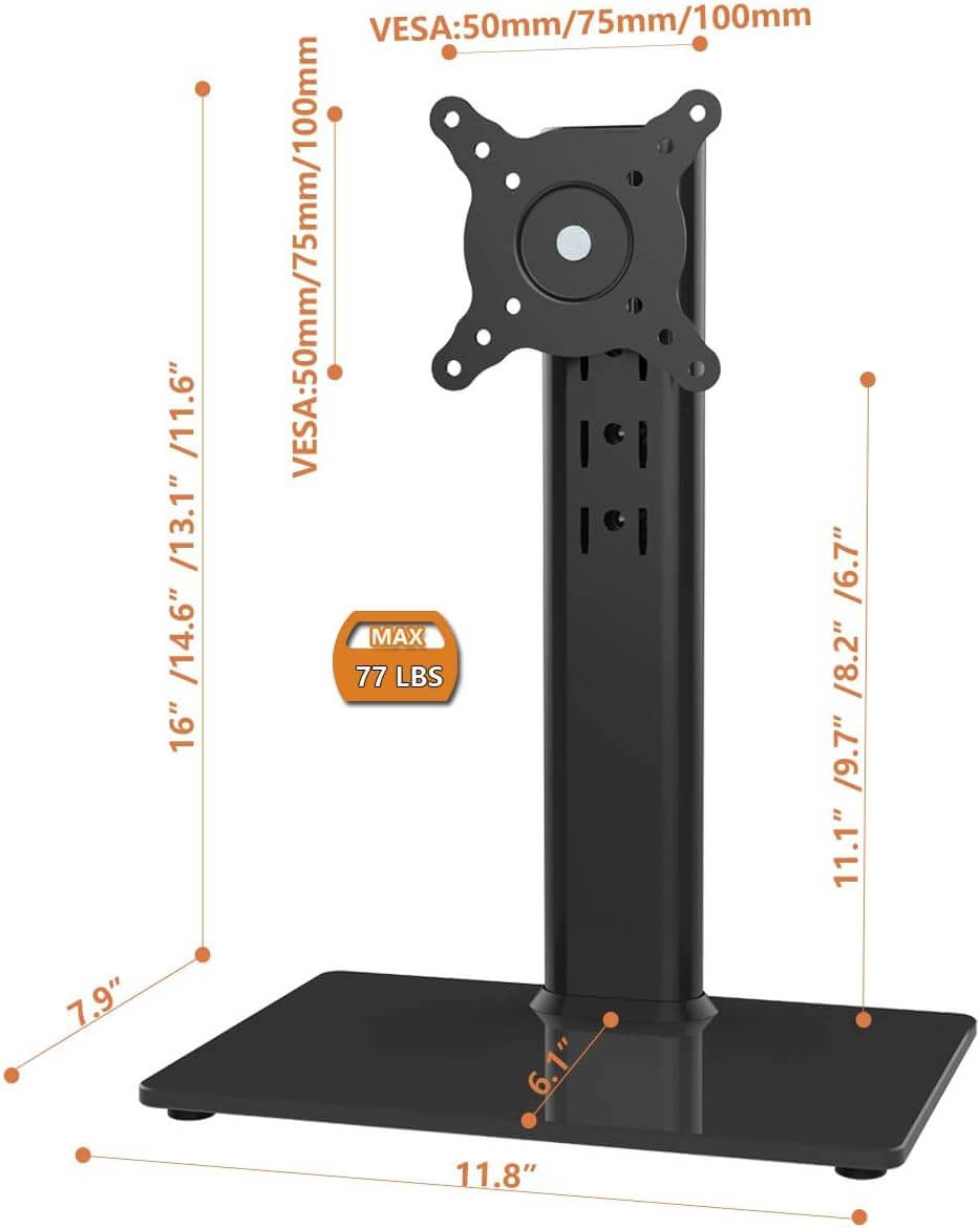 Single LCD Computer Monitor Free-Standing Desk Stand Riser for 13 inch to 32 inch Screen with Swivel, Height Adjustable, Rotation, Holds One (1) Screen up to 35KG