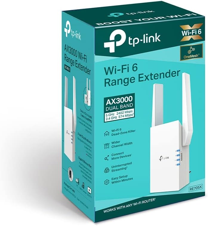 TP-Link AX3000 Mesh Wi-Fi 6 Range Extender, Wifi Extender, Smart Home, Wireless, Dual Band, 1000M Ethernet Port, 160MHz, MU-MIMO, EasyMesh, Gaming & Streaming, Works with any Wifi Router (RE705X)