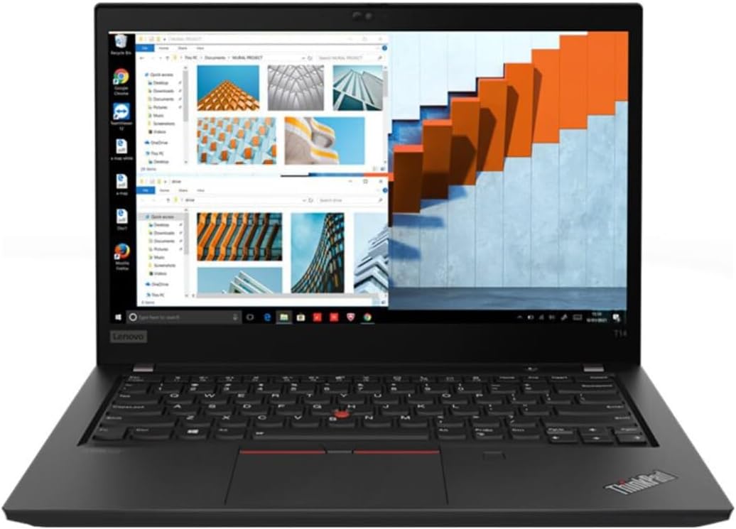 Lenovo ThinkPad T14 Gen 2 14" FHD notebook with dual-screen Windows 10 Pro interface and sleek design.