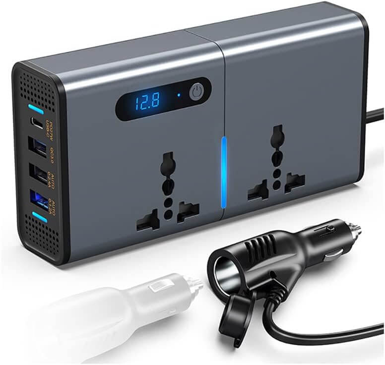 Gwydre 200W Car Power Inverter, DC 12/24V to 230V AC Inverter,3 USB 1 Type-C Ports Charger Adapter Plug Converter with Switch and Current LED Screen,Suitable for Car, SUV & Truck (Sliver Grey)