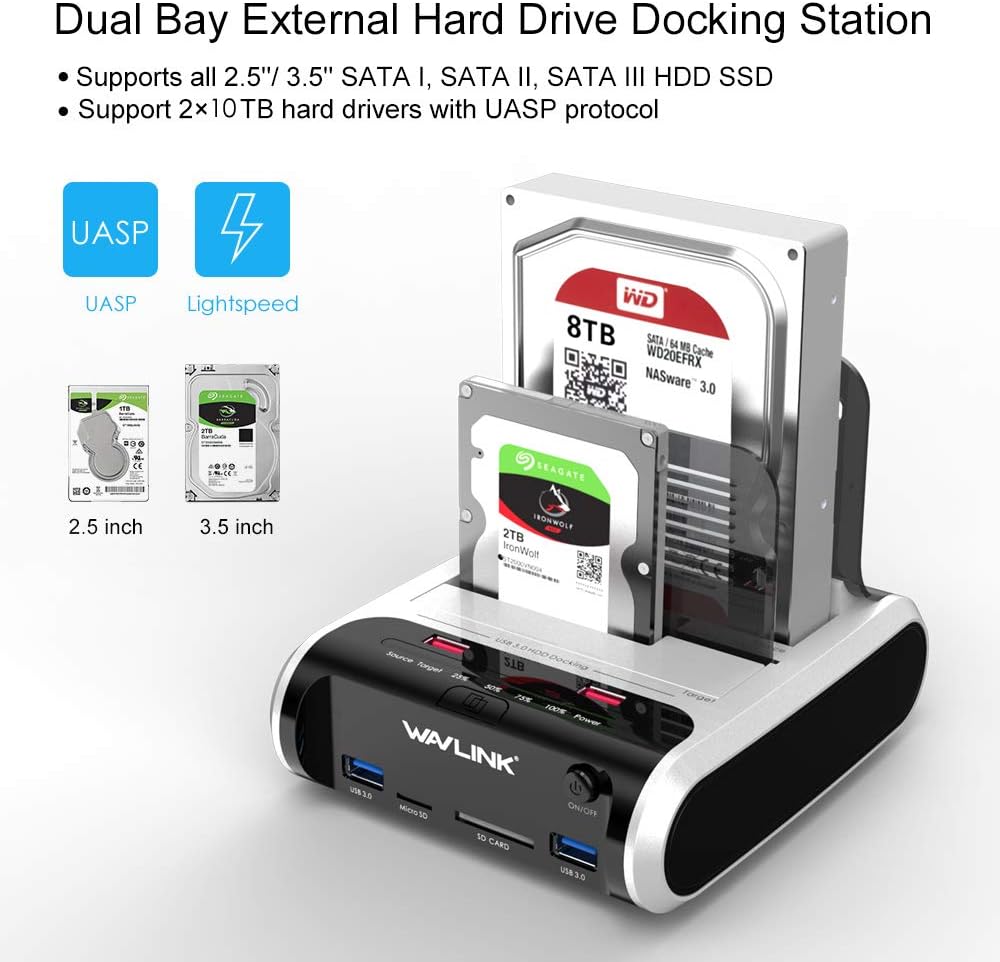 WAVLINK USB 3.0 to SATA Dual Bay Hard Drive Docking Station with Offline Clone Function for 2.5"/3.5" SATA HDD SSD, Support Fast Charger and TF & SD Card (2X 10TB), (NOT Compatible with Mac M1/M2)