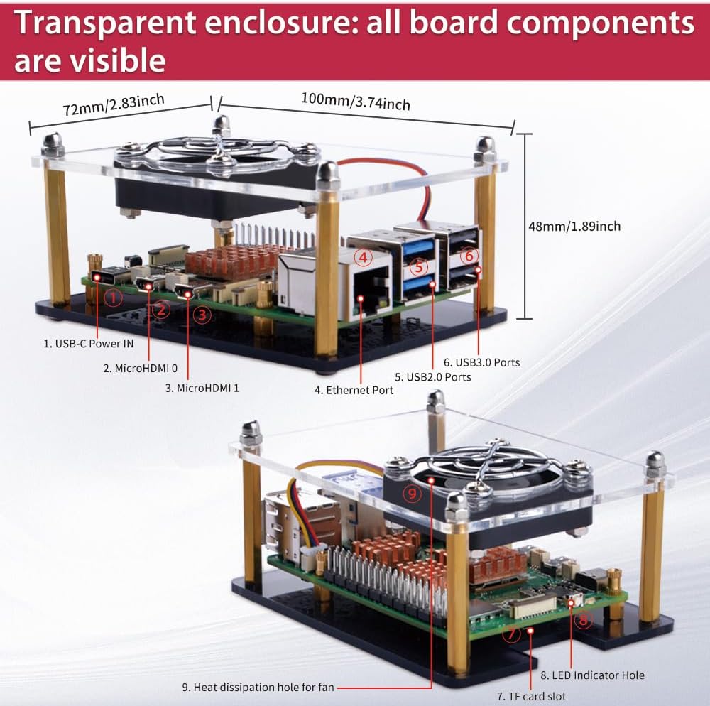 PC Mart Acrylic Case with Fan and 4 Heatsinks for Raspberry Pi 5