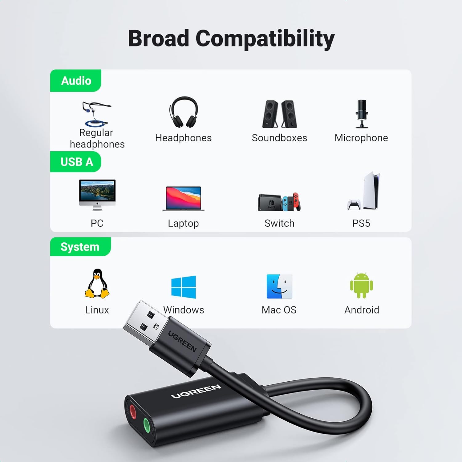 UGREEN USB to Audio Jack Sound Card Adapter with Dual TRS 3-Pole 3.5mm Headphone and Microphone USB to Aux 3.5mm External Audio Converter for Windows Mac Linux PC Laptops Desktops PS5 Headsets, Black