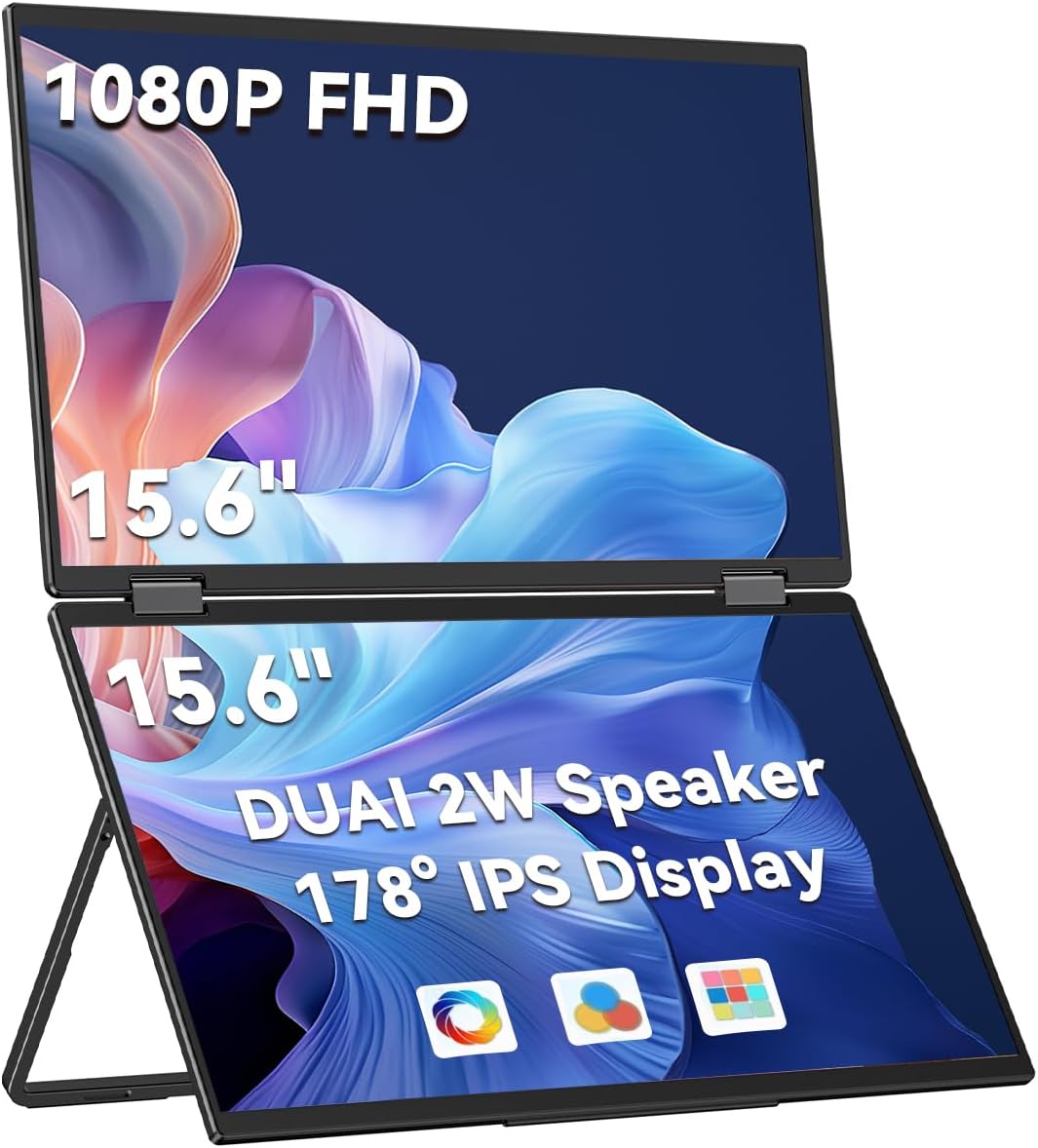 MINISFORUM 15.6'' Dual-Screen Portable Monitor, 1080P FHD USB-C/HDMI Laptop Screen Extender, 45% NTSC ΔE<1,180° Rotation, Foldable Portable Monitor, Built-in Speakers (Mac/Win)