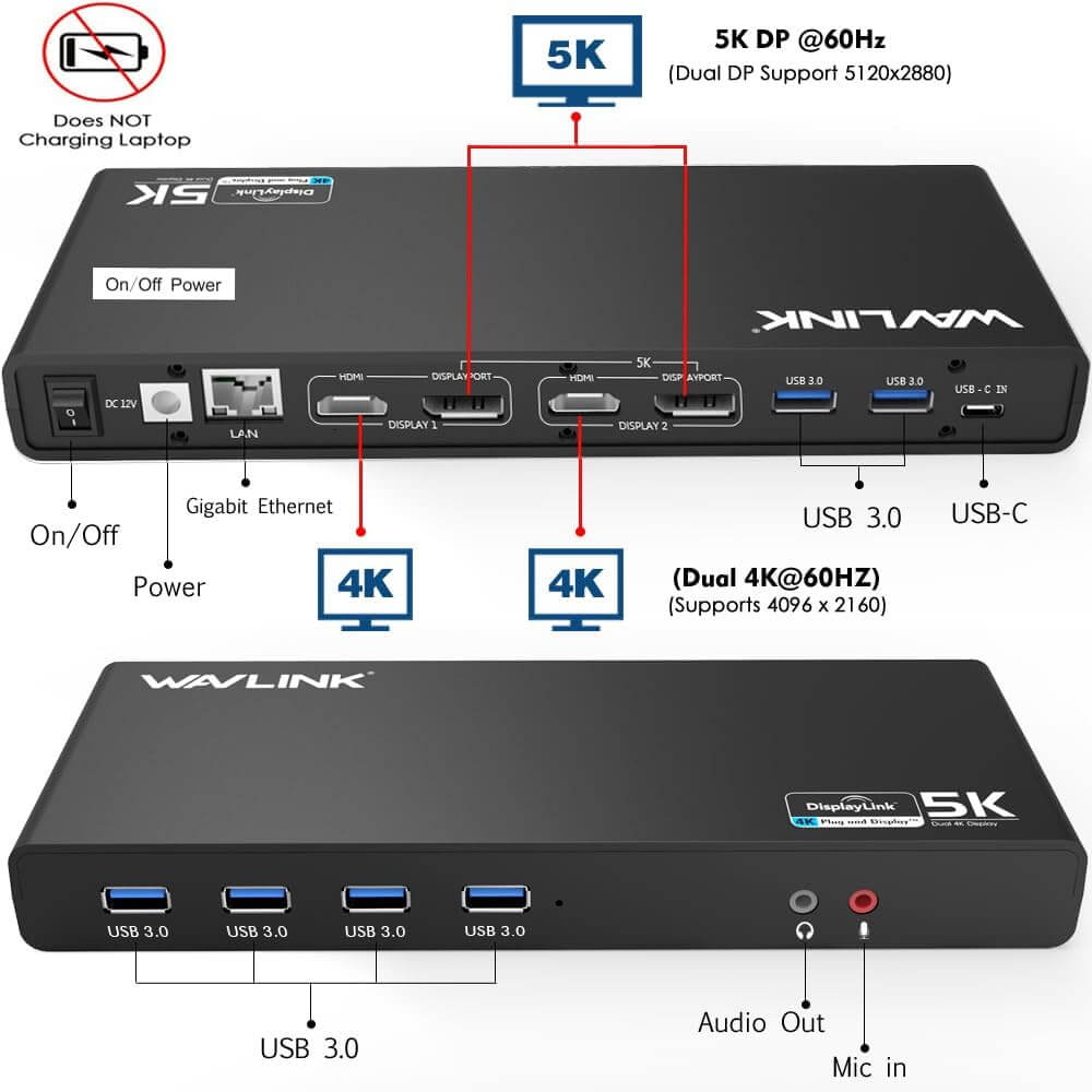 WAVLINK USB C/USB 3.0 Universal Docking Station Single 5K Dual 4K Display, 2xHDMI, 2xDisplayport, 6xUSB3.0, USB-C, Gigabit Ethernet, Audio&Mic, USB C Dock for Windows or Mac OS, No Power Charging