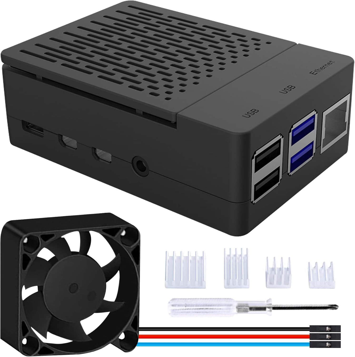 PC Mart Case for Raspberry Pi 4, Fan for Raspberry Pi 4 ABS Case with PWM Cooling Fan 40X40X10mm and 4pcs Heatsink for Raspberry Pi 4 Model B (Black with Large Fan)