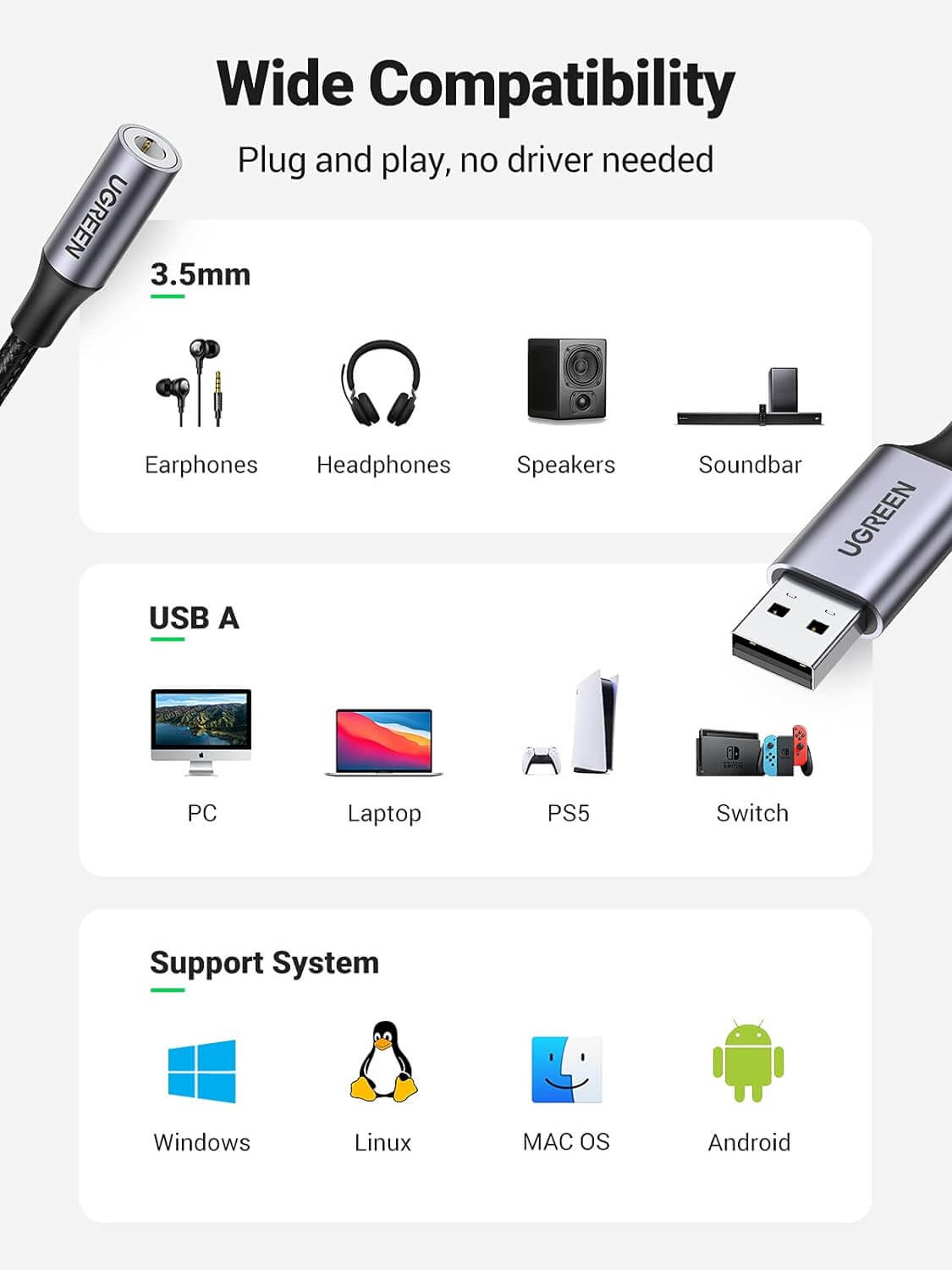 UGREEN USB to 3.5mm Audio Jack, USB A Sound Card Adapter Support Mic TRRS Headphone DAC Chip USB to Aux Nylon Braided Cable Compatible with Windows Mac Linux PC Laptops PS5 PS4 Switch Speaker 9.8 Inch