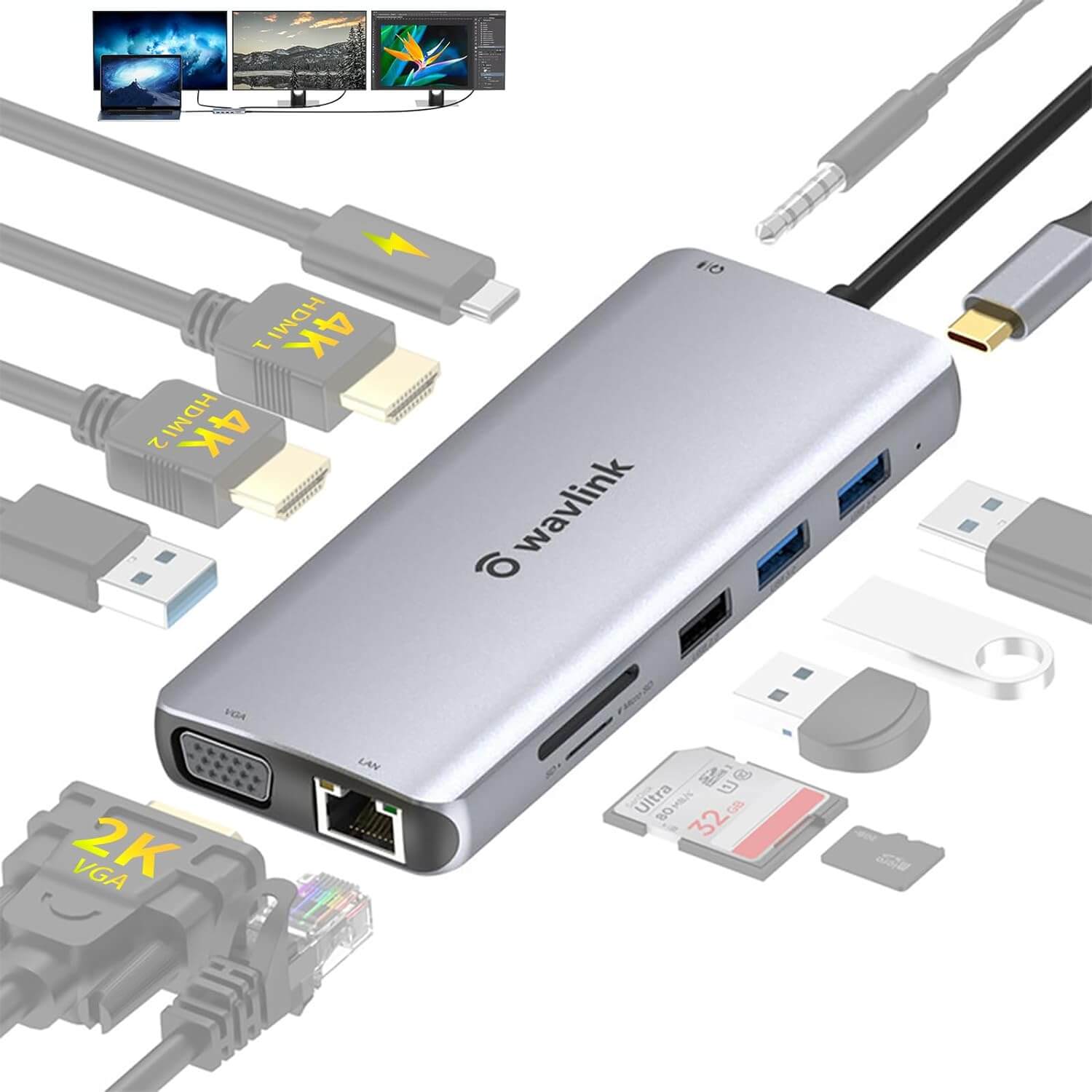 WAVLINK 12-in-1 USB C Hub Docking Station, Triple Display Type-C Adapter with 2X 4K HDMI and 1x 2K VGA Port, 100W PD3.0 Charging, Ethernet, Audio Jack and 2 USB 3.0 & 2 USB2.0 Ports