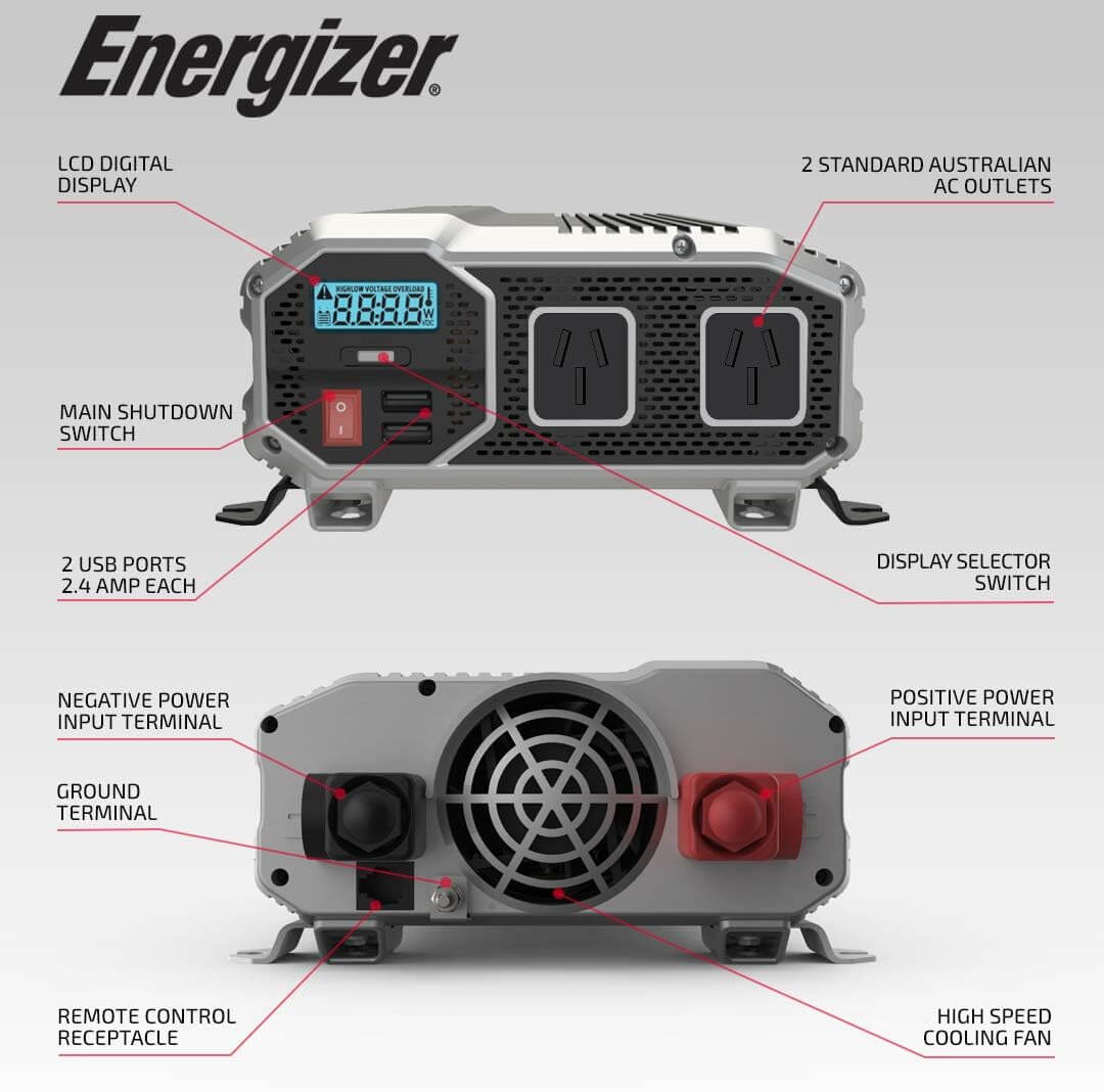 Energizer 2000 Watt Car Inverter, 12 Volt DC to 230 Volts AC Power Converter, w/ 2 USB Plug, Dual 230V Socket, Ideal Caravan & Car accessories for charging laptop, iPhone, iPad, tablet and more.