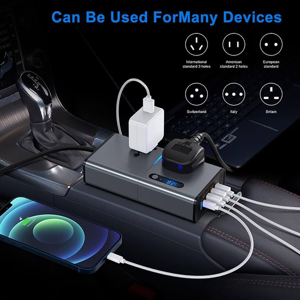 Gwydre 200W Car Power Inverter, DC 12/24V to 230V AC Inverter,3 USB 1 Type-C Ports Charger Adapter Plug Converter with Switch and Current LED Screen,Suitable for Car, SUV & Truck (Sliver Grey)