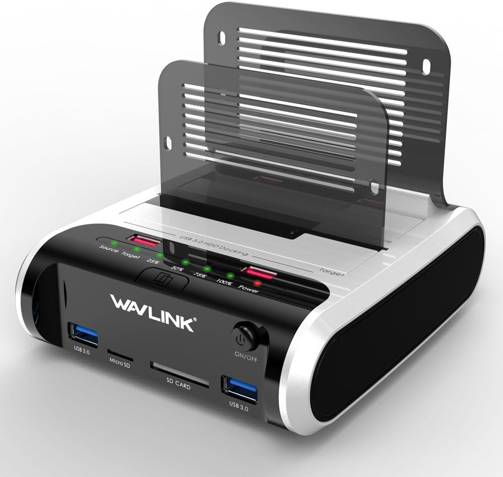 WAVLINK USB 3.0 to SATA Dual Bay Hard Drive Docking Station with Offline Clone Function for 2.5"/3.5" SATA HDD SSD, Support Fast Charger and TF & SD Card (2X 10TB), (NOT Compatible with Mac M1/M2)