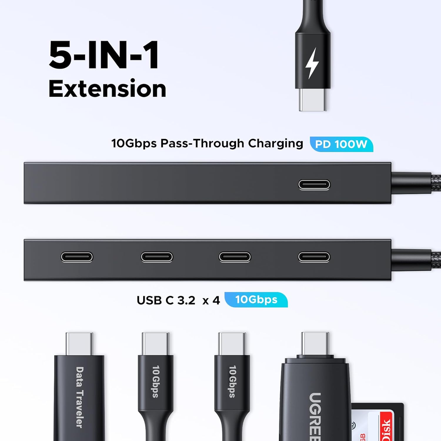 UGREEN 10Gbps USB C Hub with 100W PD, Powered Type C Splitter with 4 USB C 3.2 Gen 2 Ports, Multiport Adapter Extender Compatible with PC, Laptop, MacBook Air, iPad Pro, and iPhone 16, Plug and Play