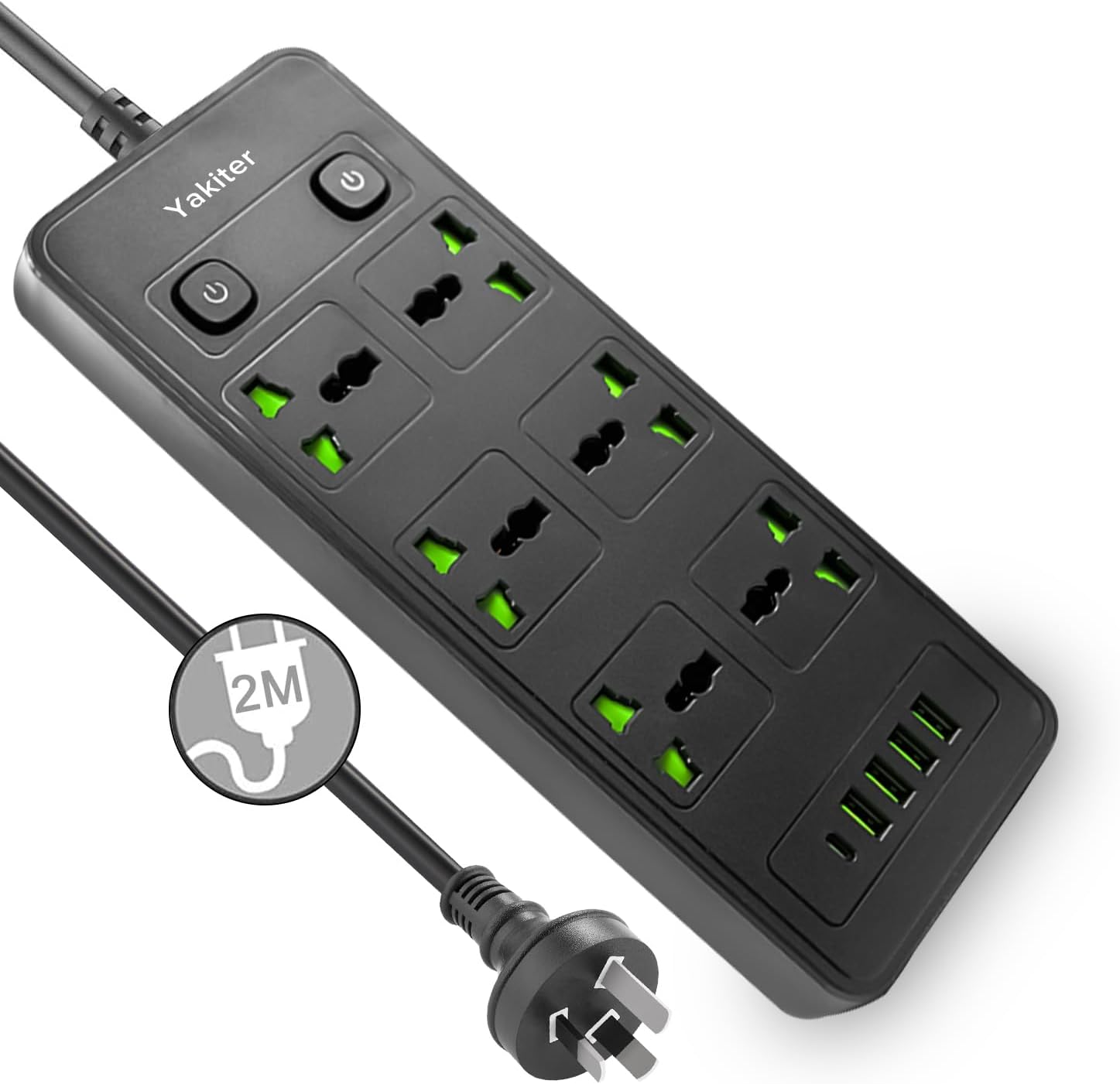 11-in-1 power strip with 6 AC outlets, 5 USB ports, and 2m extension cord for versatile charging.