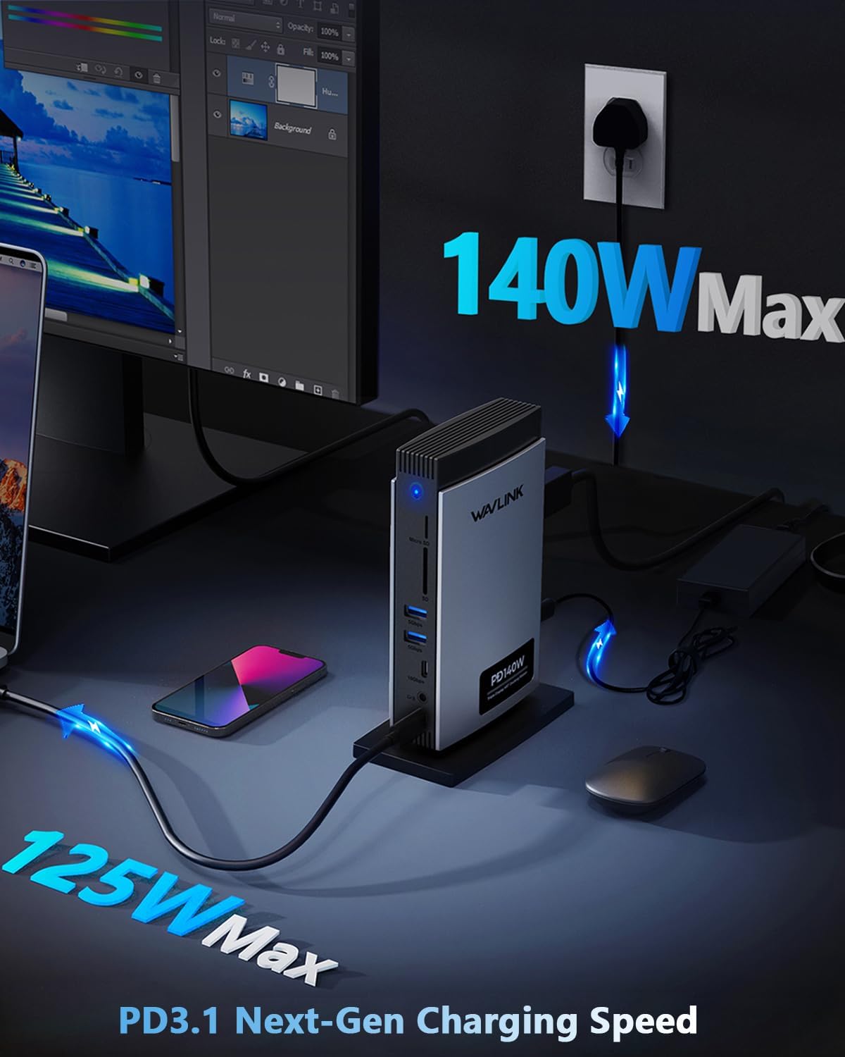 WAVLINK Laptop Docking Station 3 Monitors(Max Resolution: Single 8K or Triple 4K), 11-in-1 USB C Docking Station with 125W PD3.1 Pass-Through & Power Adapter, HDMI + 2* DP, for MacBook M1–M4 & Windows