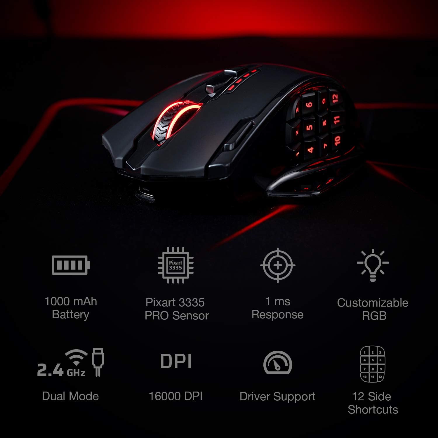 Redragon M913 Impact Elite Wireless Gaming Mouse, 16000 DPI Wired/Wireless RGB Mouse with 20 Programmable Buttons, 45 Hours Battery Operated and Optical Pro Sensor, 12 Side Buttons MMO Mouse