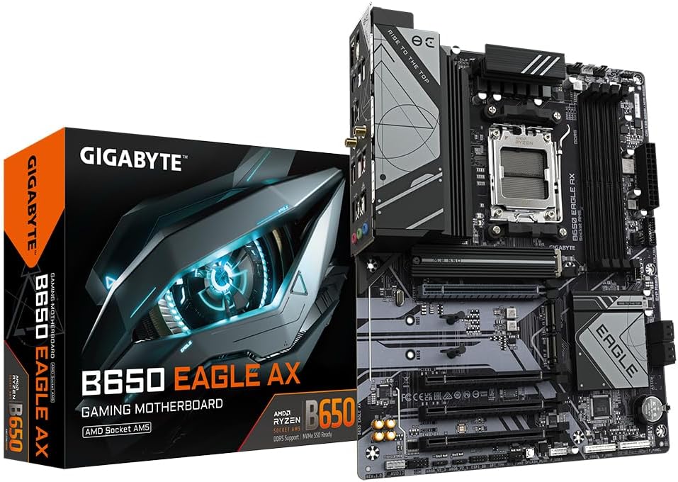 Gigabyte B650 Eagle AX Motherboard - Supports AMD Ryzen 7000 CPUs, 12+2+2 Phases Digital VRM, up to 7600MHz DDR5 (OC), 1xPCIe 5.0 + 2xPCIe 4.0 M.2, Wi-Fi 6E 802.11ax, GbE LAN, USB 3.2 Gen2