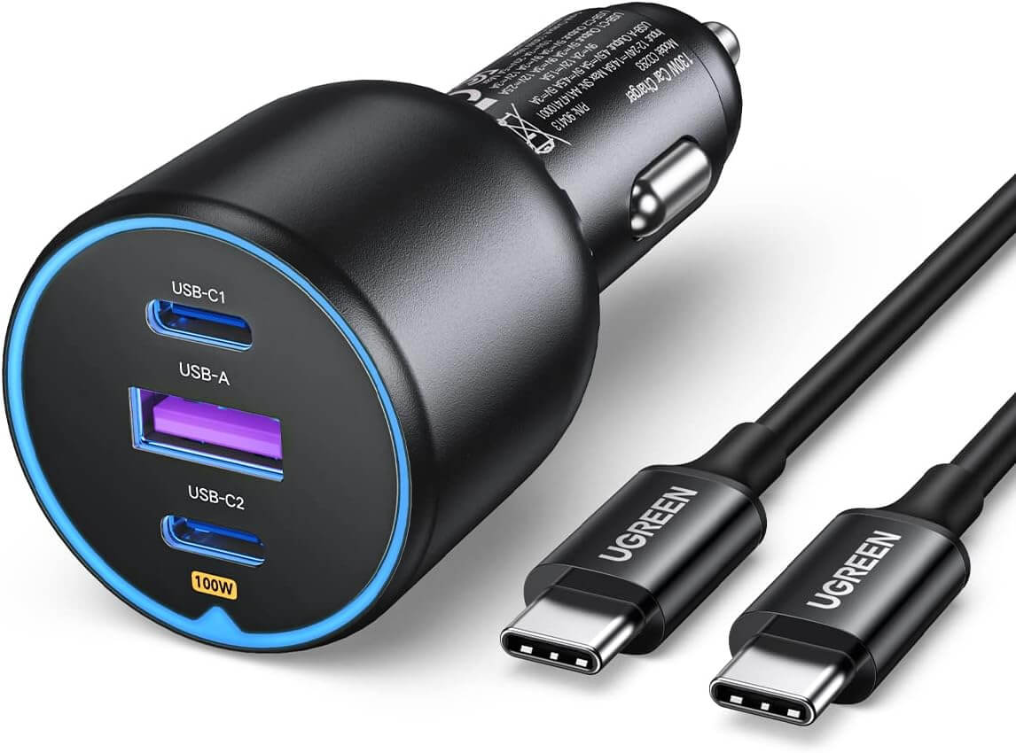 UGREEN 130W USB C Car Charger with 3 ports, PD3.0/QC4.0/PPS 45W, and included 100W USB C cable for fast charging devices