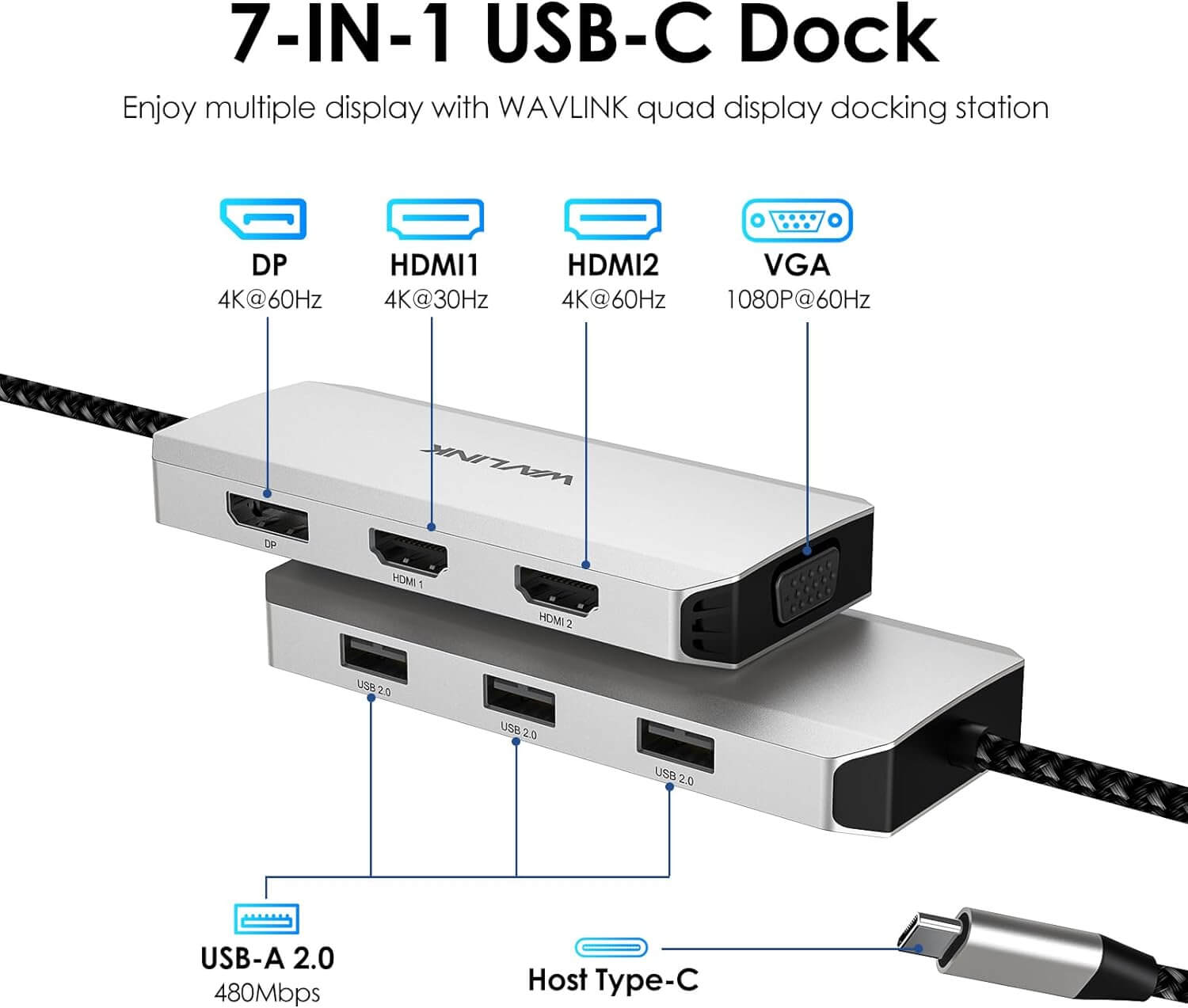 WAVLINK USB-C Laptop Docking Station - Quad Monitor 7-in-1 Multiport Adapter with Dual 4K HDMI, 4K DP, VGA, 3xUSB2.0, for Dell/HP/Lenovo/Thinkpad, Compatible with Mac/Windows/Chrome OS/Linux/Android