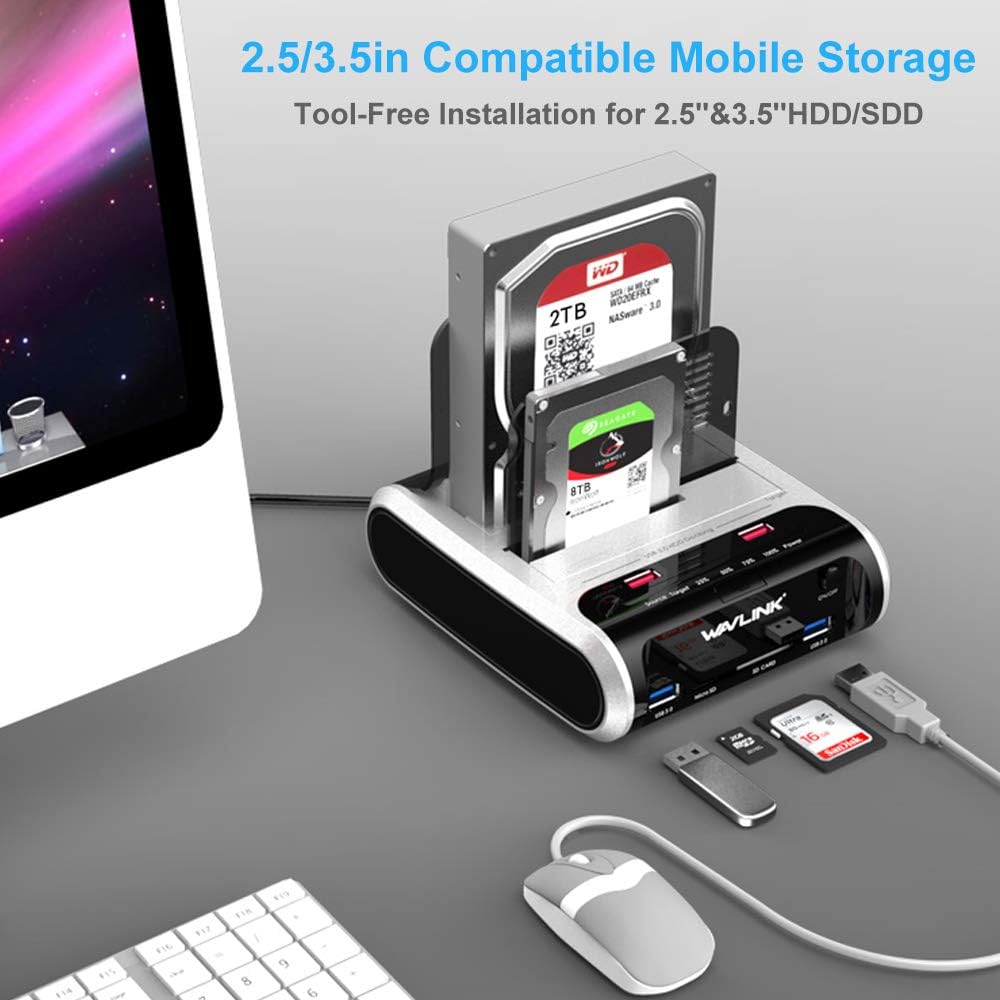 WAVLINK USB 3.0 to SATA Dual Bay Hard Drive Docking Station with Offline Clone Function for 2.5"/3.5" SATA HDD SSD, Support Fast Charger and TF & SD Card (2X 10TB), (NOT Compatible with Mac M1/M2)