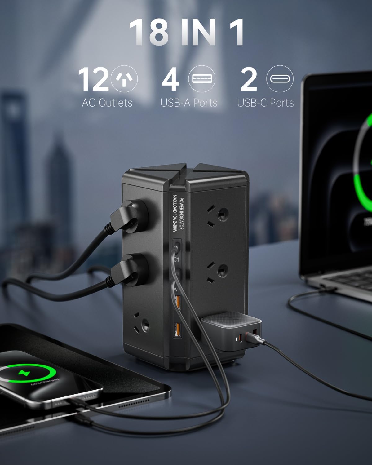 Tower Power Strip - USB C Powerboard Surge Protector 12-Outlet, 24W(Max) Power Board with 4-USB & 2 USB-C & 1.8M Extention Cord and Switch, 710J 2400W