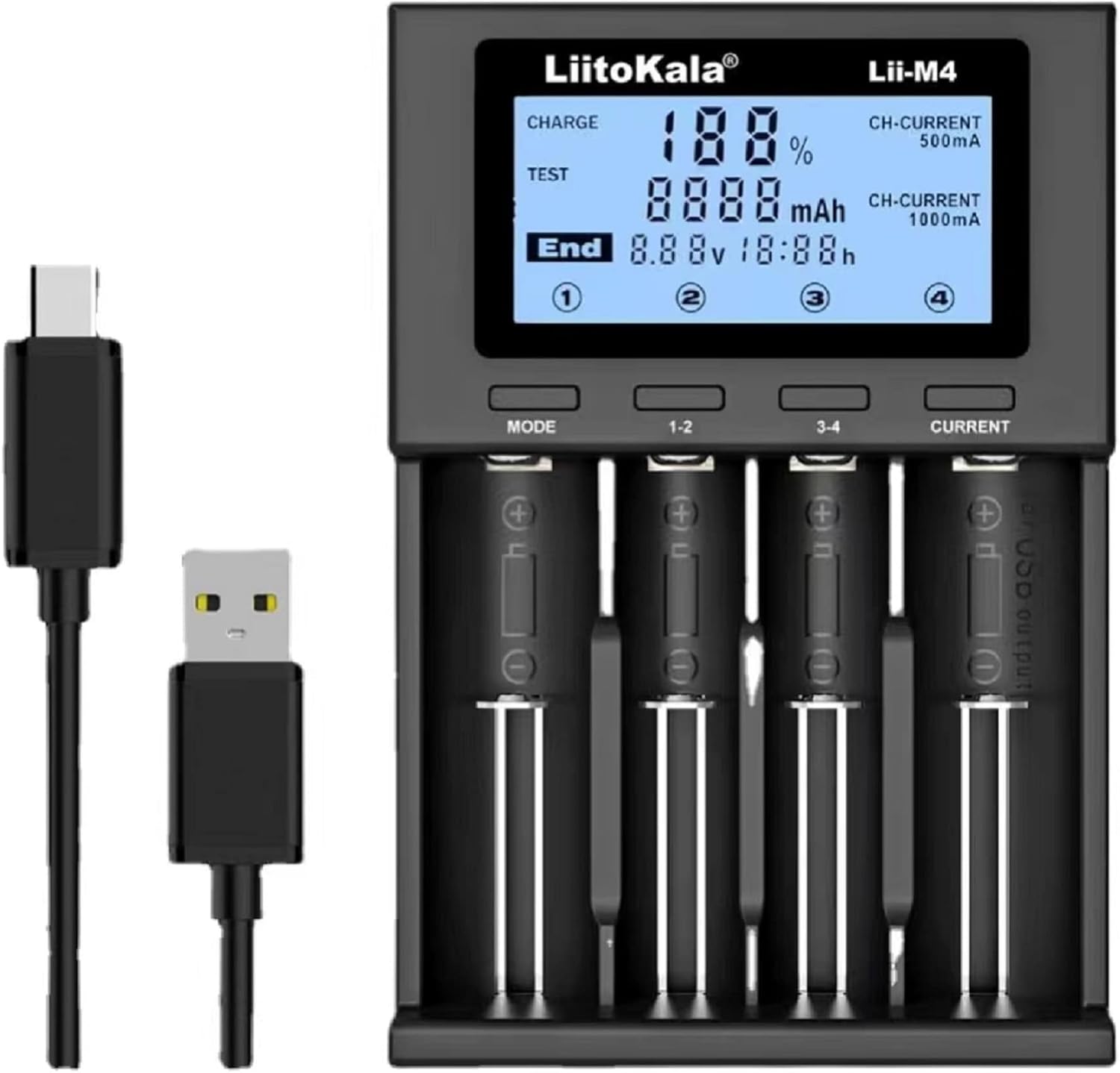 4-Bay 18650 Battery Charger, Test Battery Capacity, LCD Display, Fast Charging, Universal Battery Charger for 3.7V 26650 18650 18350 20650 14500 18500 1.2V AA AAA C SC Size Batteries