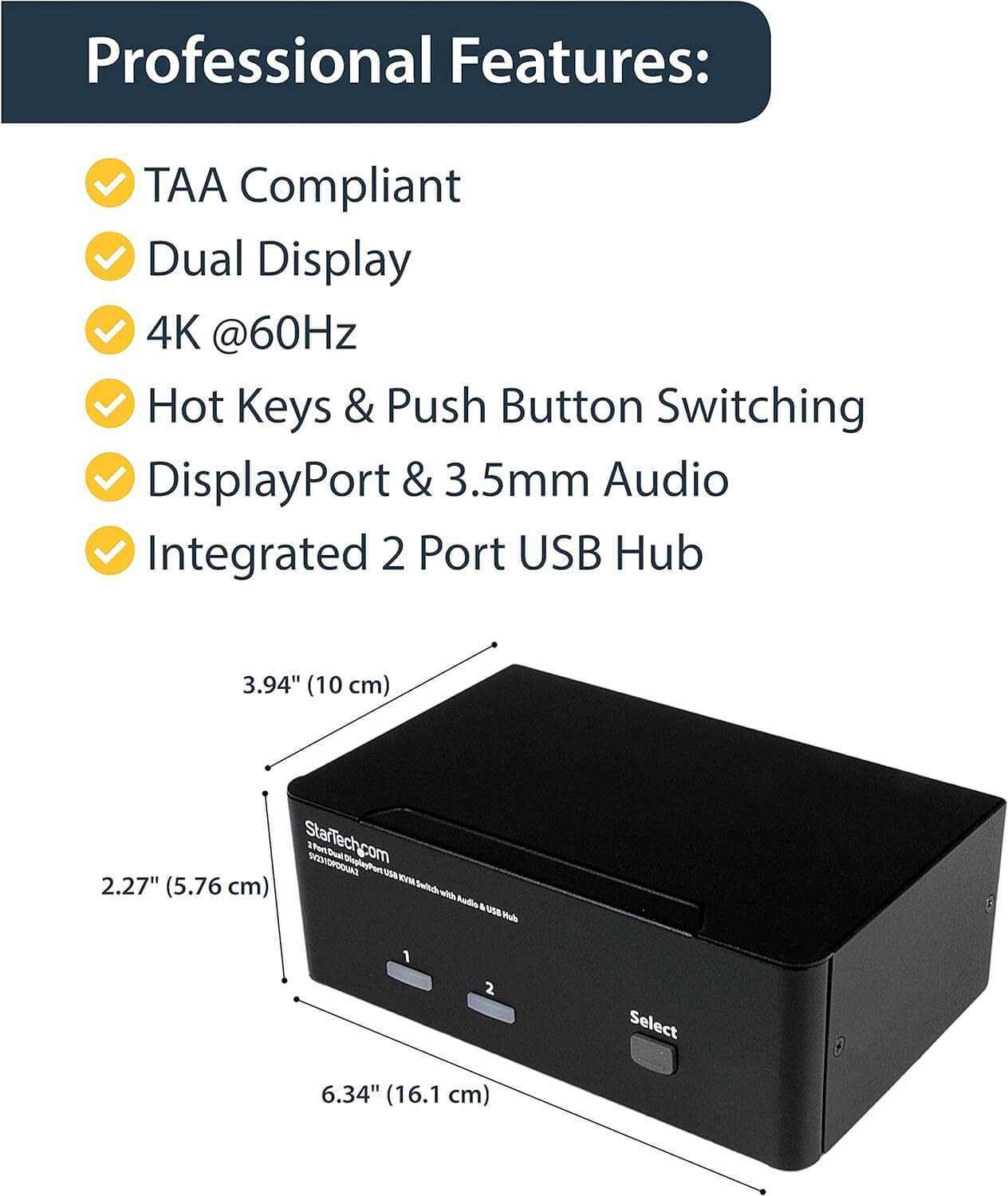 StarTech DisplayPort KVM Switch - 2 Port - Dual-Display - 4k 60hz - USB Hub - Audio and Microphoneconsumables