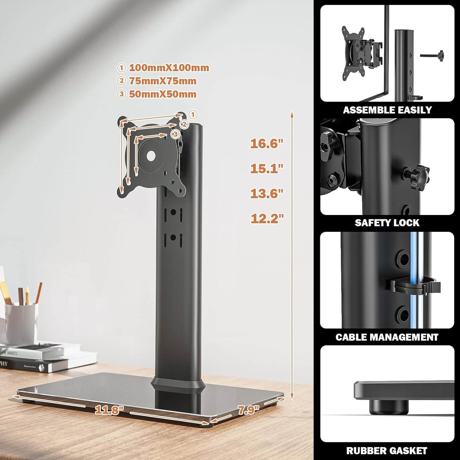 Single LCD Computer Monitor Free-Standing Desk Stand Riser for 13 inch to 32 inch Screen with Swivel, Height Adjustable, Rotation, Holds One (1) Screen up to 35KG