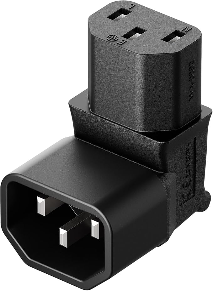 IEC 320 C14 to C13 Right Angle AC Adapter Vellcon IEC 3Pole Male to Female 90Degree up Angle AC Converter C14 to C13 up Angle AC Adapter Black Color