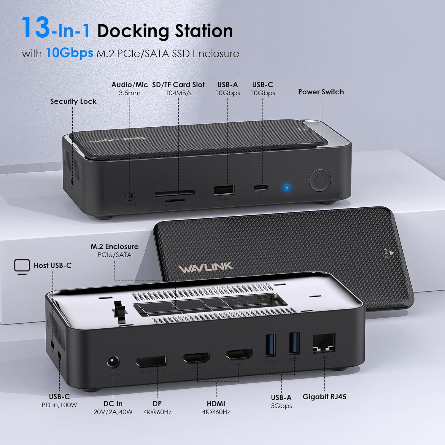 WAVLINK USB C Docking Station 3 Monitors, 13 in 1 USB C Hub with 10Gbps M.2 PCIe/SATA SSD Enclosure, Expands MacBook/Mac mini (M4/M3/M2/M1), 4K@60Hz HDMI/DP, 100W PD, USB C/USB A, SD/TF, Gigabit RJ45