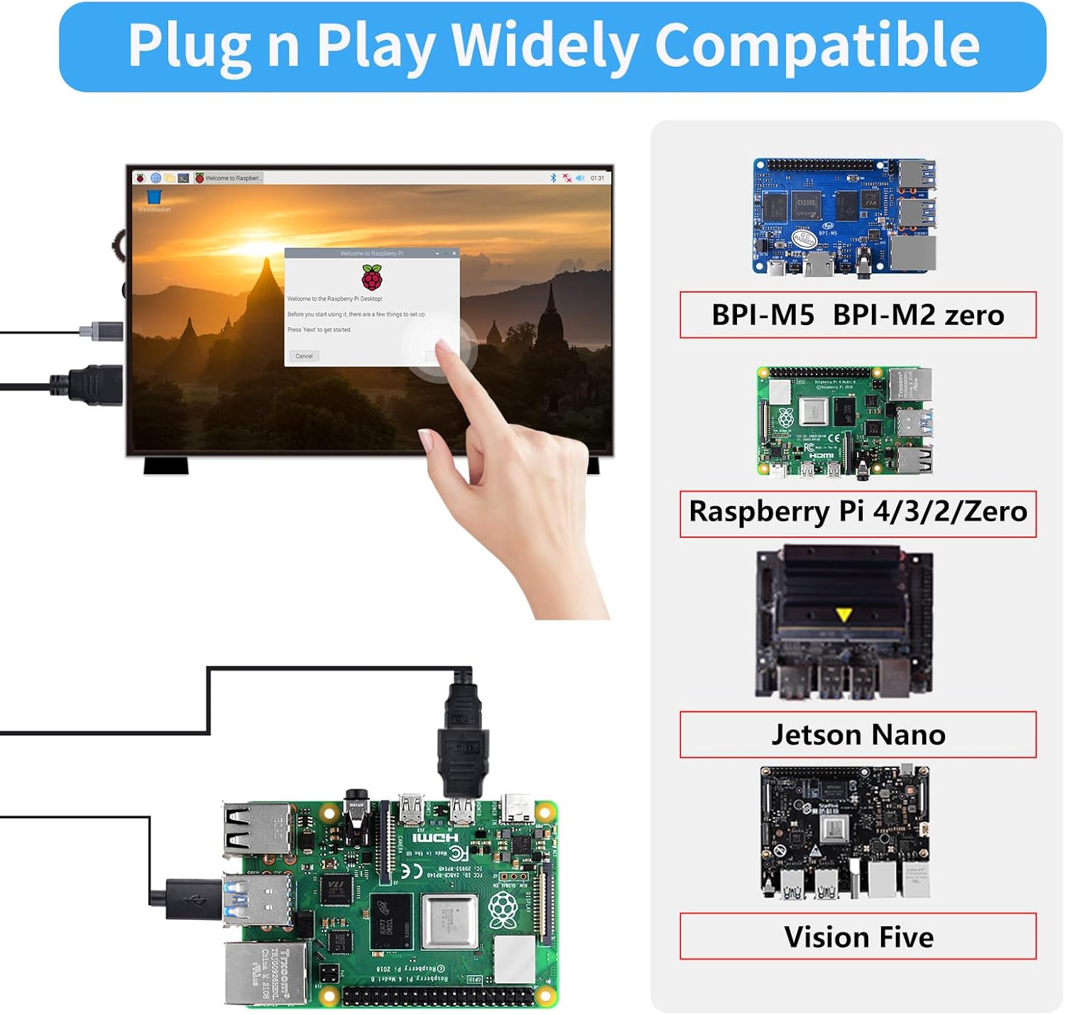 PC Mart 10.1 Inch LCD Screen for Raspberry Pi, 1024x600 IPS LCD Display, HDMI Portable Monitor for Raspberry Pi 5/Pi 4B/3B+/3B/B+/Zero/400, Win11/10/8/7 (Touch Screen)