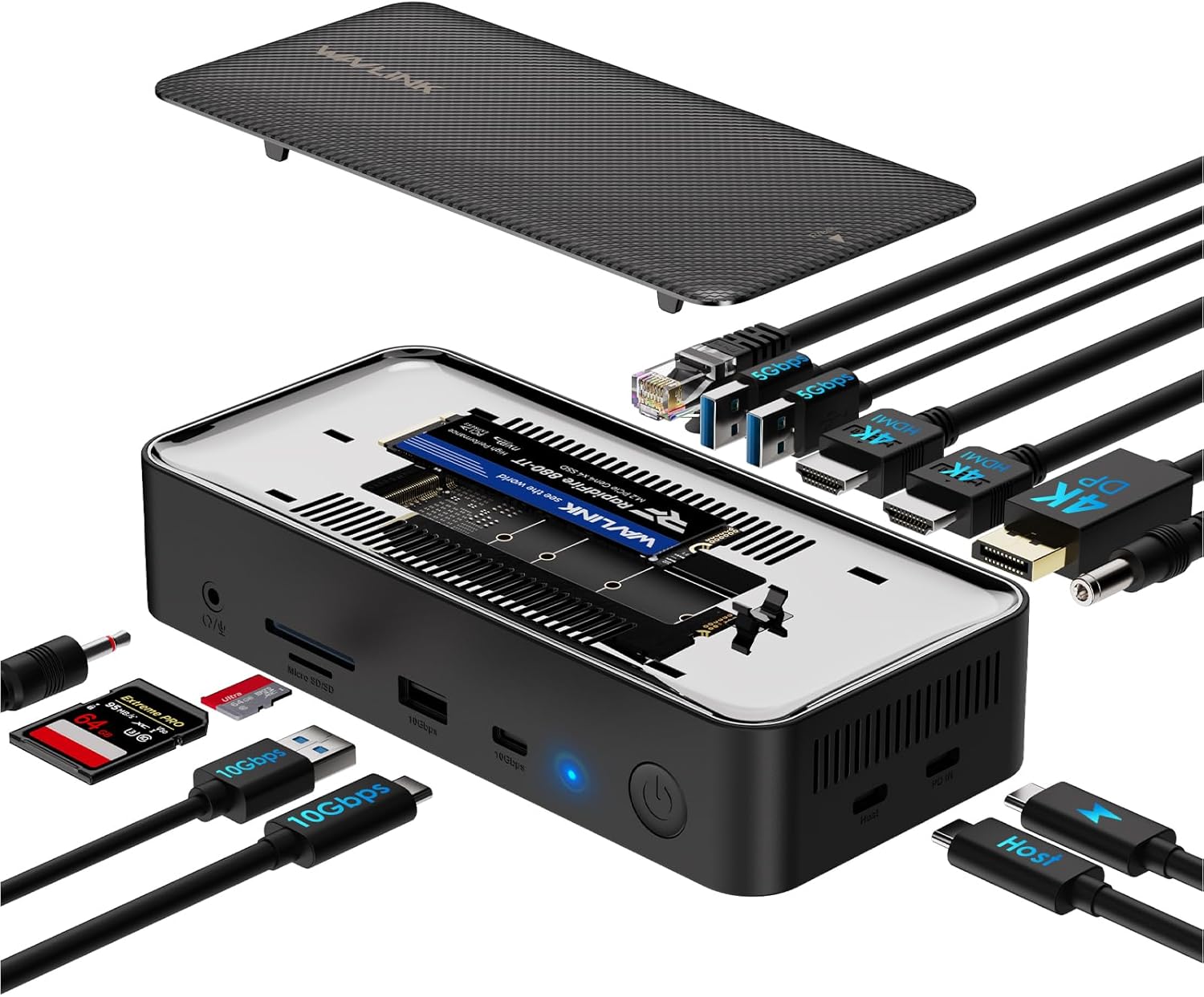 WAVLINK USB C Docking Station 3 Monitors, 13 in 1 USB C Hub with 10Gbps M.2 PCIe/SATA SSD Enclosure, Expands MacBook/Mac mini (M4/M3/M2/M1), 4K@60Hz HDMI/DP, 100W PD, USB C/USB A, SD/TF, Gigabit RJ45