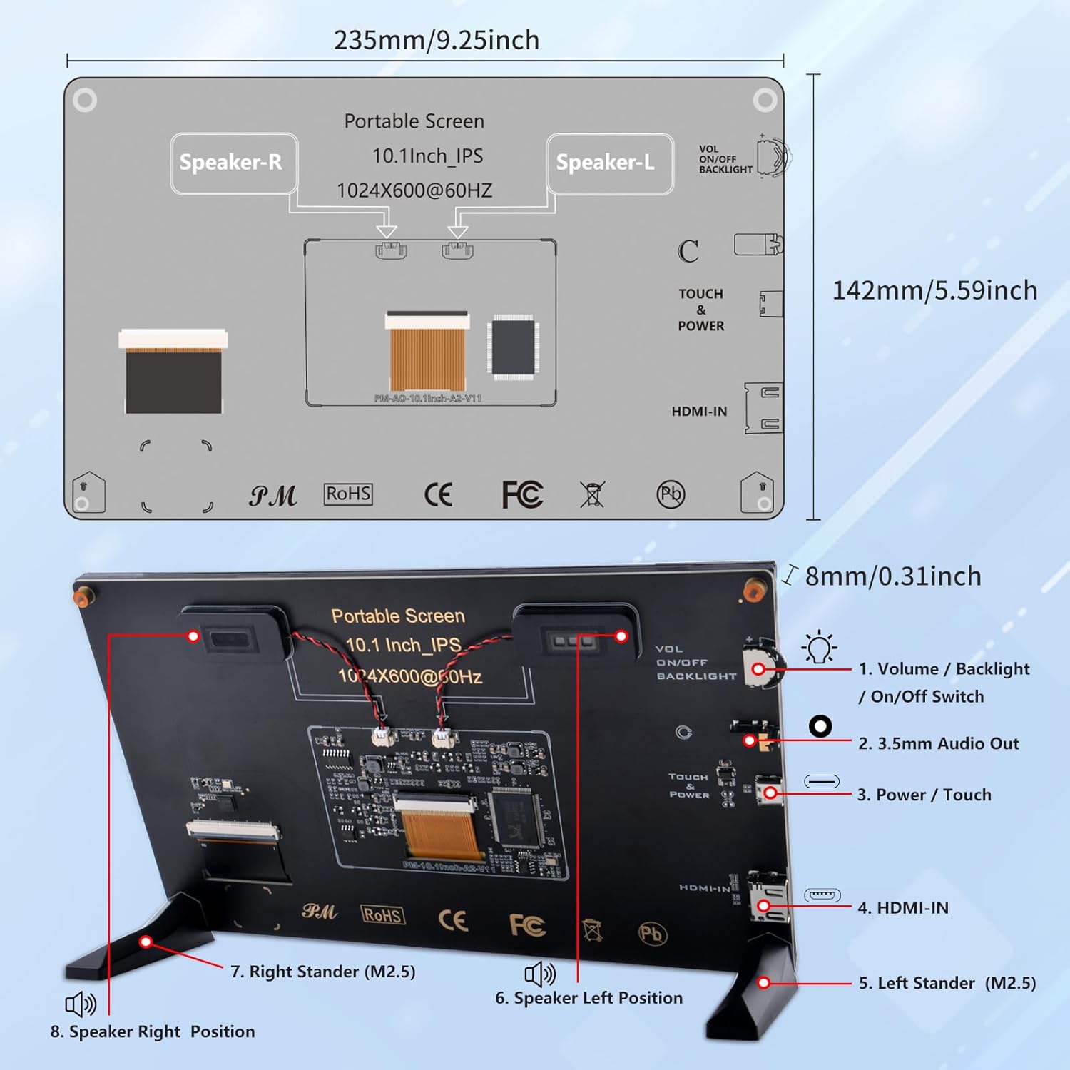 PC Mart 10.1 Inch LCD Screen for Raspberry Pi, 1024x600 IPS LCD Display, HDMI Portable Monitor for Raspberry Pi 5/Pi 4B/3B+/3B/B+/Zero/400, Win11/10/8/7 (Touch Screen)