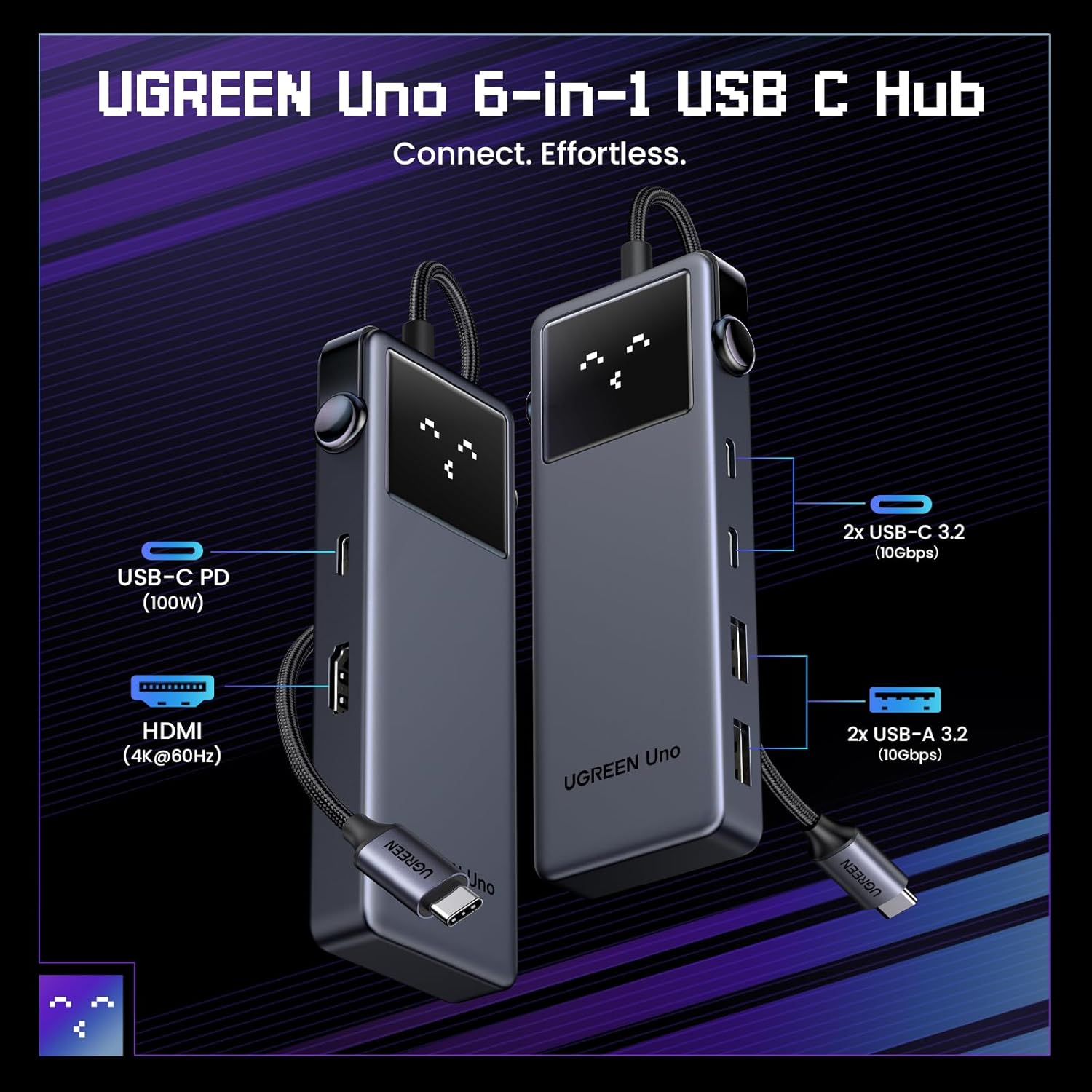UGREEN Uno USB C Hub, 6-in-1 Type C Adapter with 4K@60Hz HDMI Display, 100W Power Delivery, 10Gbps 2 USB C& A Data Ports for M2/M3 MacBook Air, iPad Pro, HP Laptops, Surface, iPhone 16/15 Series