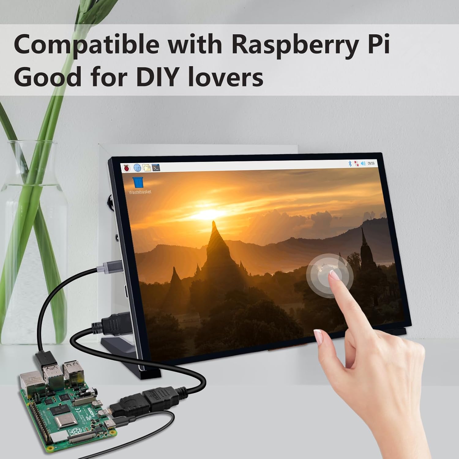 PC Mart 10.1 Inch LCD Screen for Raspberry Pi, 1024x600 IPS LCD Display, HDMI Portable Monitor for Raspberry Pi 5/Pi 4B/3B+/3B/B+/Zero/400, Win11/10/8/7 (Touch Screen)