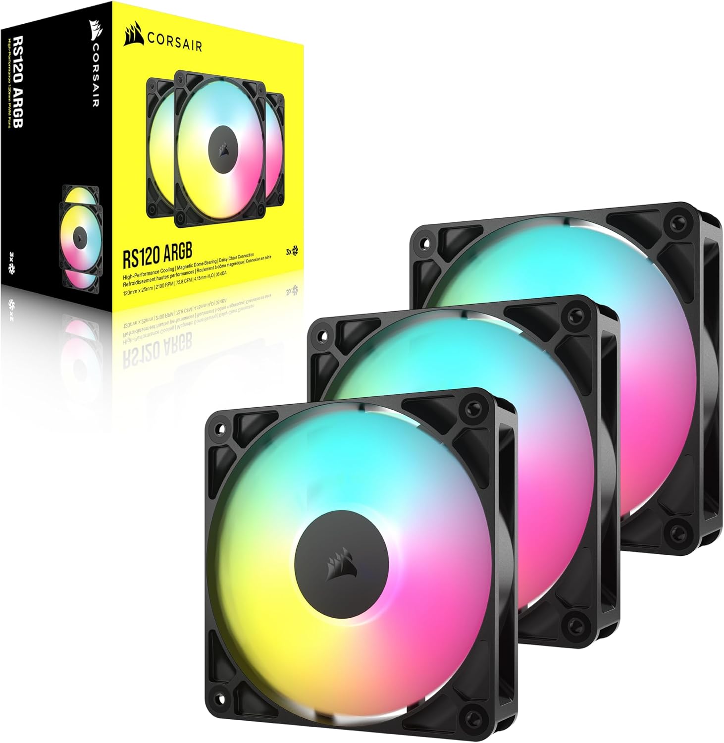 Corsair RS120 ARGB 120mm PWM Fans – Daisy-Chain Connection – Low-Noise – Magnetic Dome Bearing – Triple Pack – Black