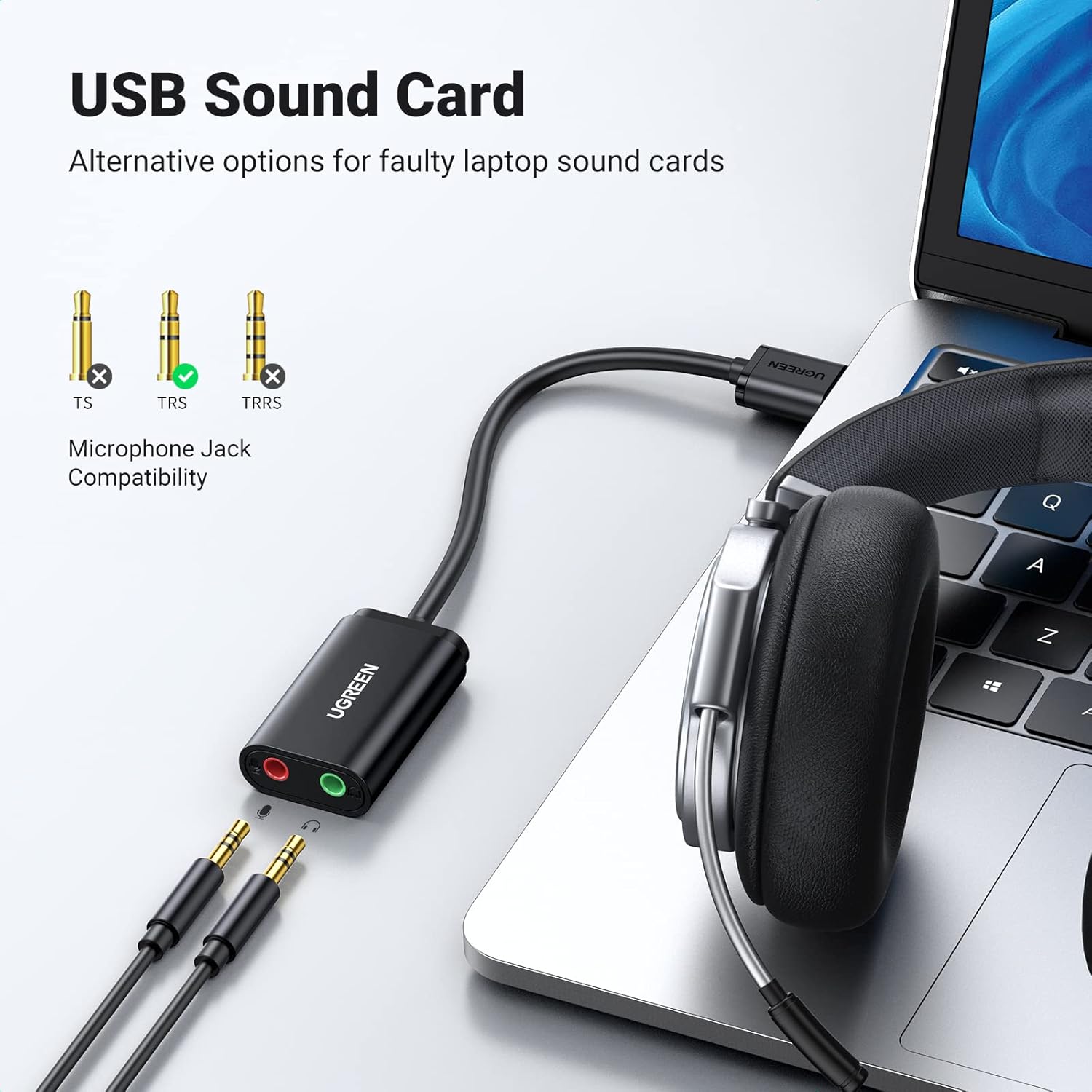 UGREEN USB to Audio Jack Sound Card Adapter with Dual TRS 3-Pole 3.5mm Headphone and Microphone USB to Aux 3.5mm External Audio Converter for Windows Mac Linux PC Laptops Desktops PS5 Headsets, Black