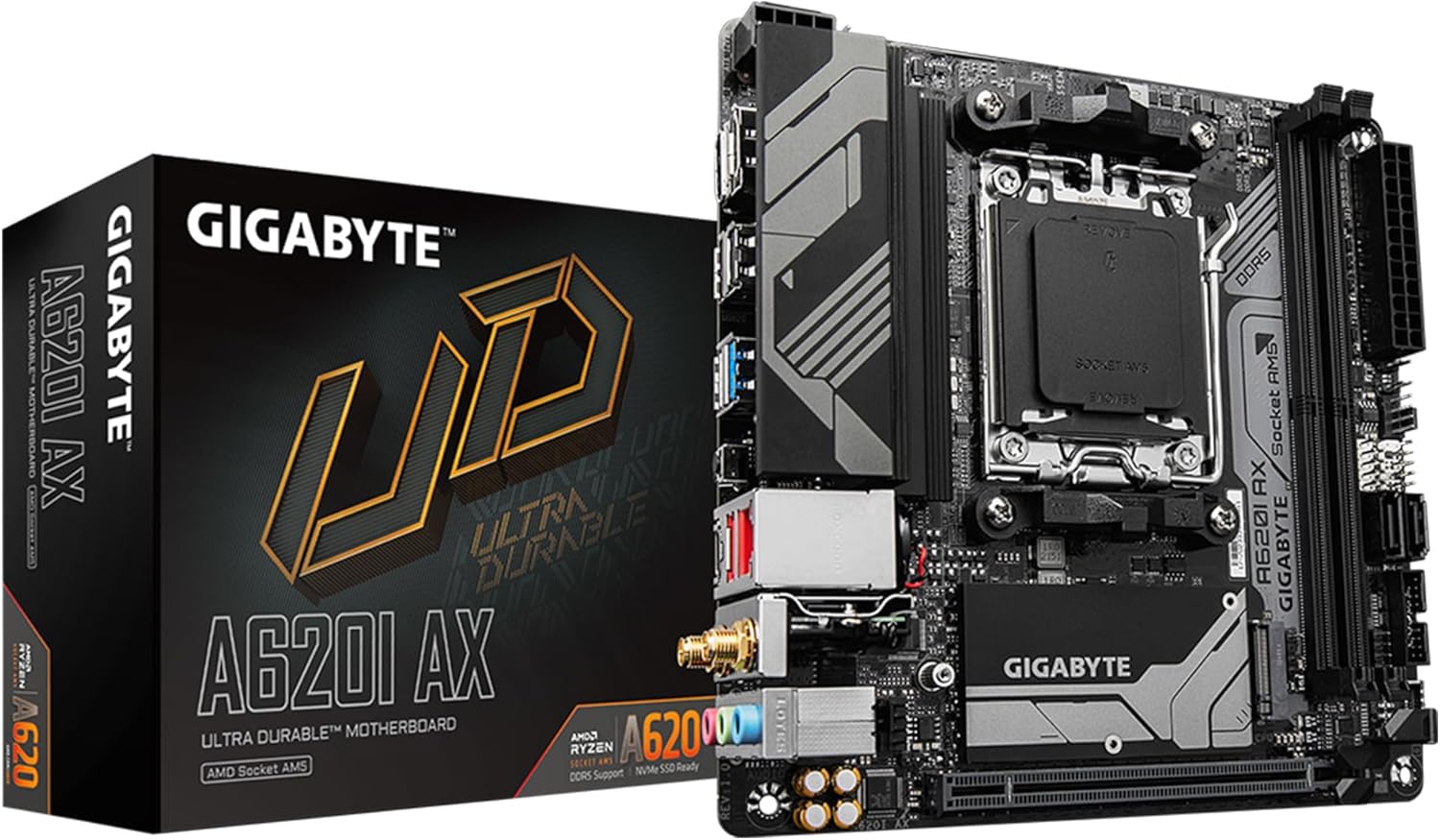 GIGABYTE A620I AX (AM5/ LGA 1718/ AMD/ A620/ Mini-ITX/ 5-Year Warranty/ DDR5/ Single M.2/ PCIe 4.0/ USB 3.2 Gen1 Type-C/Realtek Wi-Fi 6E/ Realtek 2.5GbE/ Q-Flash Plus/PCIe EZ-Latch/Motherboard)