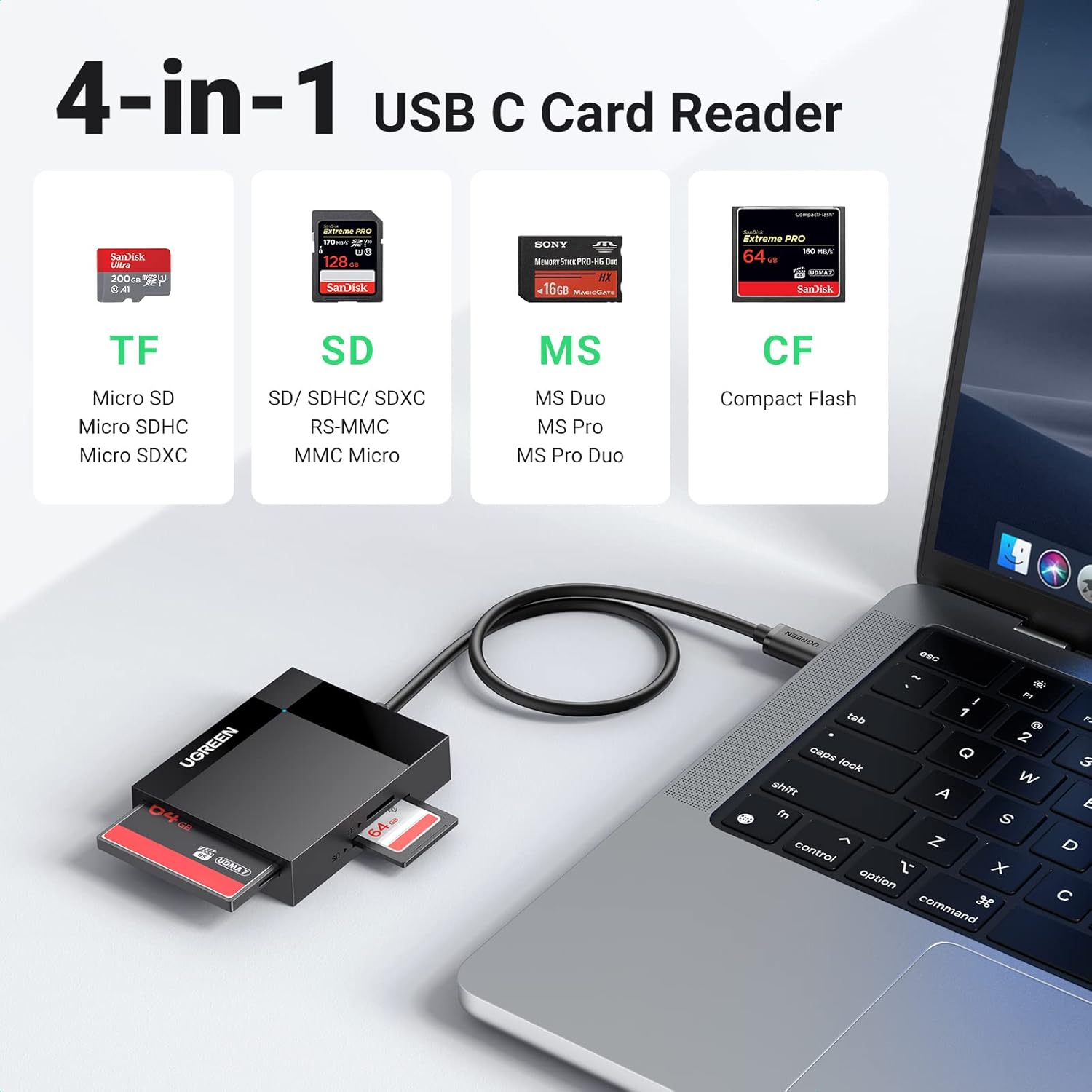 UGREEN USB C SD 4-in-1 External Memory Card Reader for SD Micro SD TF MS Memory Stick CF Compact Flash Camera Adaptor Compatible with iPhone 16/15 Pro Max, MacBook Air, iPad, Galaxy S24