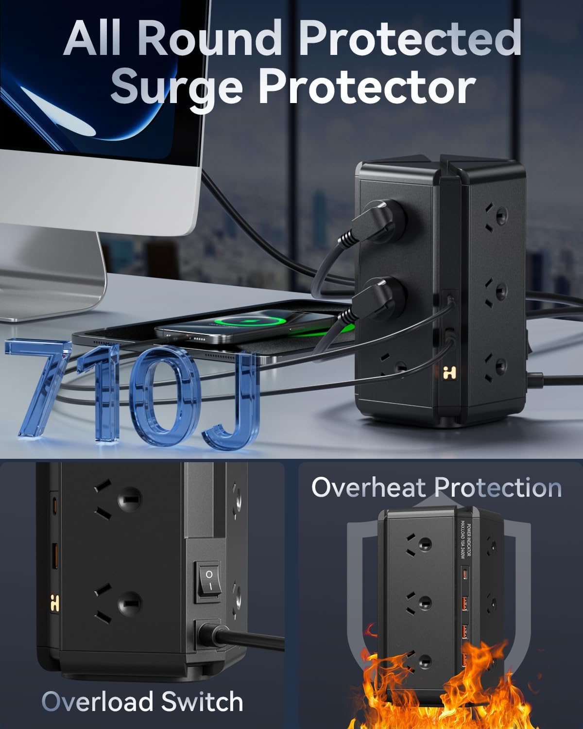 Tower Power Strip - USB C Powerboard Surge Protector 12-Outlet, 24W(Max) Power Board with 4-USB & 2 USB-C & 1.8M Extention Cord and Switch, 710J 2400W