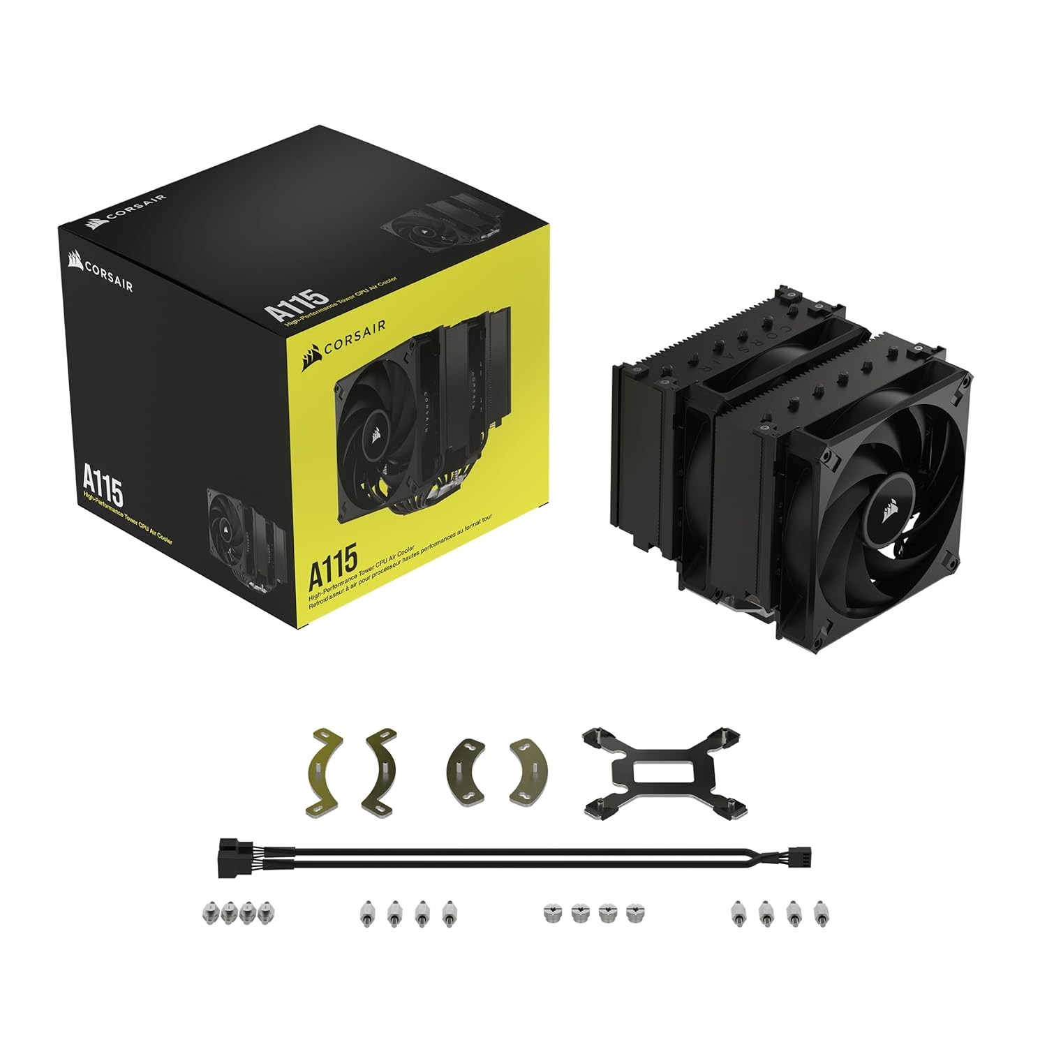 CORSAIR A115 High-Performance Tower CPU Cooler — Cools up to 270W TDP - Slide-and-Lock Fan Mount - Two Corsair AF140 Elite Fans - Easy to Install - Pre-Applied Thermal Paste — Black