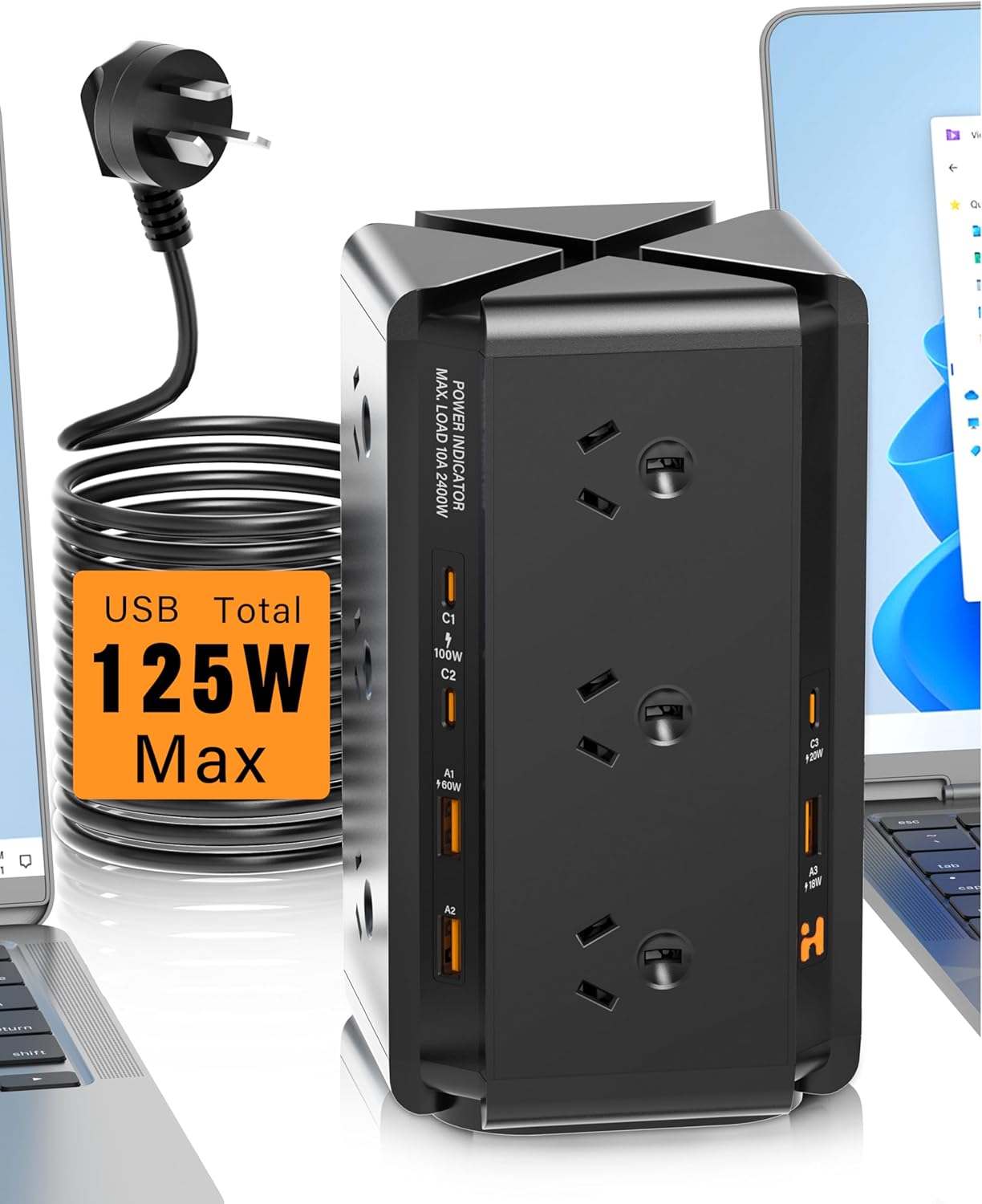 125W Tower Powerboard with multiple AC and USB ports, ideal for home and office use.