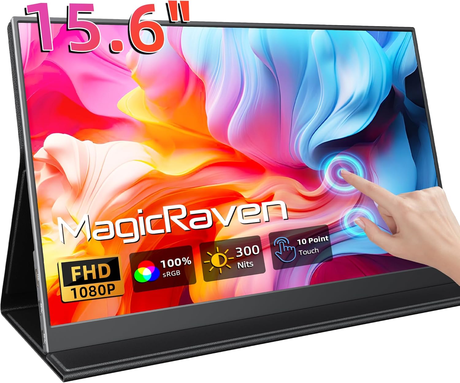 15.6" portable touchscreen monitor with vibrant display, 10-point touch technology, and foldable design for easy travel.