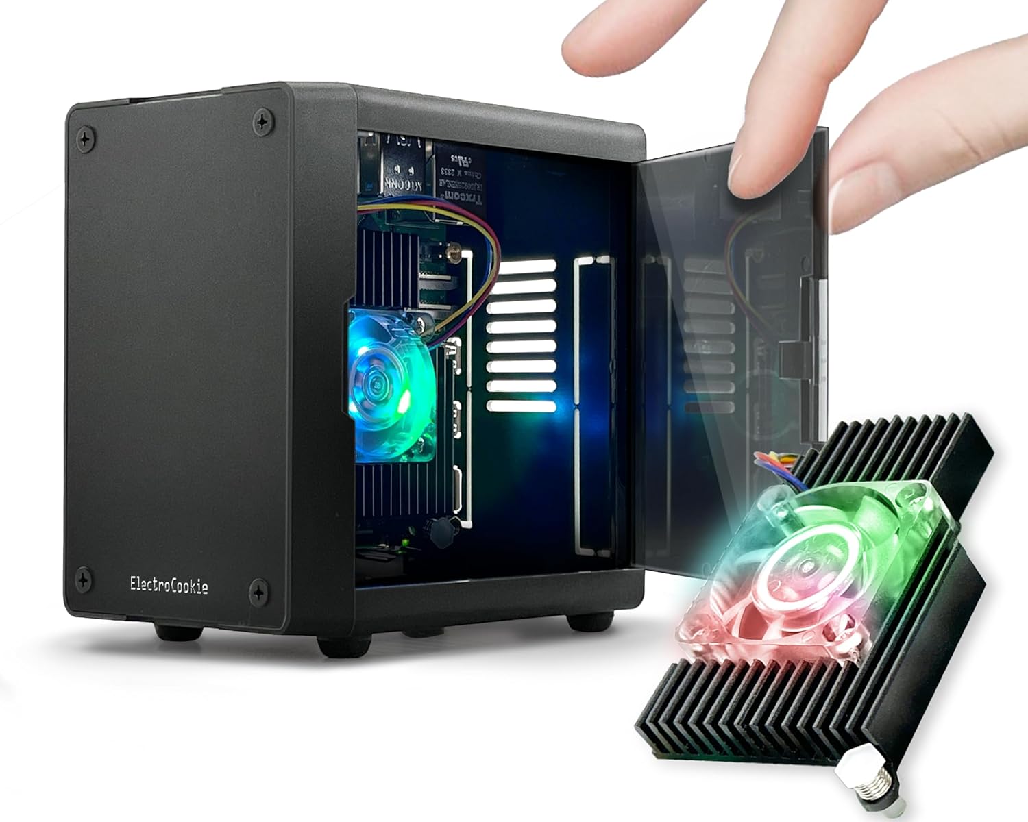 PC Mart Mini PC Case for Raspberry Pi 5 with Active RGB Lighting Cooler (Matte Black)