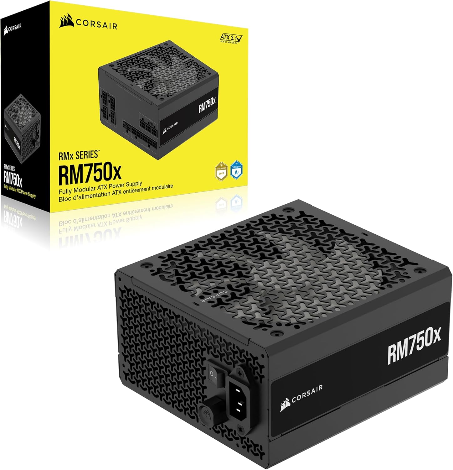 CORSAIR RM750x Fully Modular Low-Noise 80 Plus Gold ATX Power Supply – ATX 3.1 Compliant – PCIe 5.1 Support – Native 12V-2x6 Connector – Black