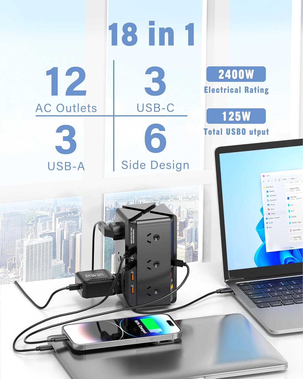 125W Tower Powerboard with 12 AC outlets and 6 USB ports, showcasing efficient charging for multiple devices in an office setting.