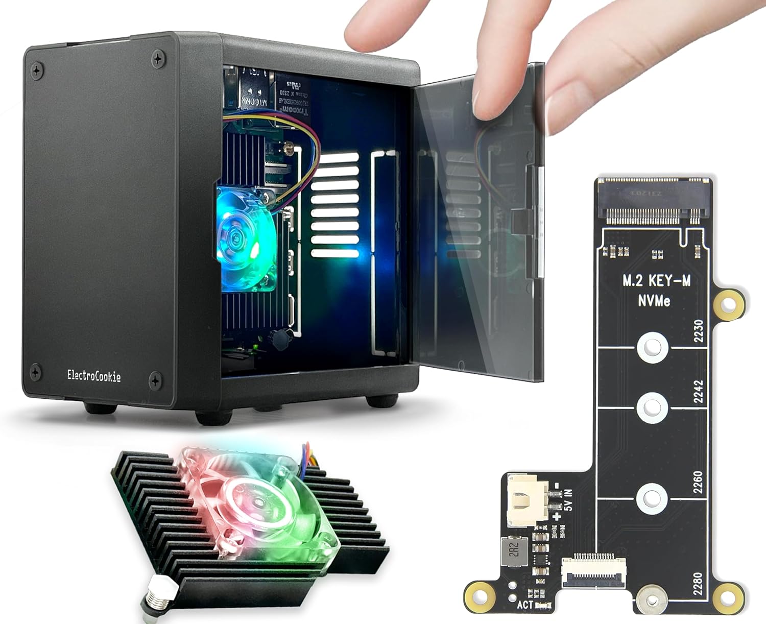 PC Mart Mini PC Case for Raspberry Pi 5 with M.2 NVMe SSD PCIe HAT and Active RGB Lighting Cooler (Black Case + M.2 HAT[X1001])