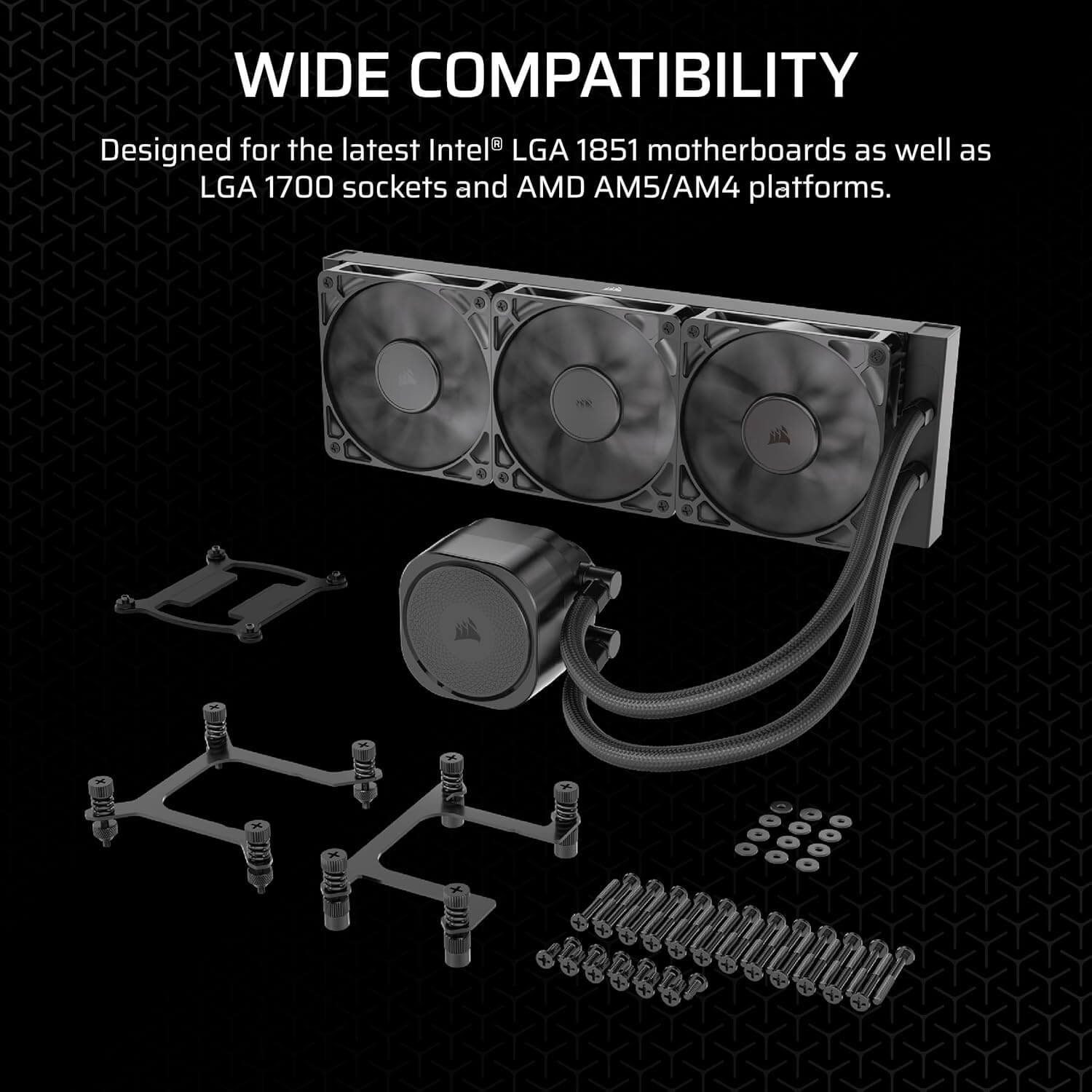 CORSAIR Nautilus 360 RS Liquid CPU Cooler showing wide compatibility with Intel LGA 1851, 1700, and AMD AM5/AM4 sockets.